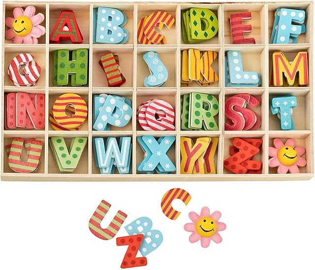 112Pcs Wooden Letters and Flower Set- Assorted Colored Wooden Capital Letters & Flower with Storage Tray - Wooden Alphabet Craft Letters for Arts Crafts DIY Wedding Display Decor