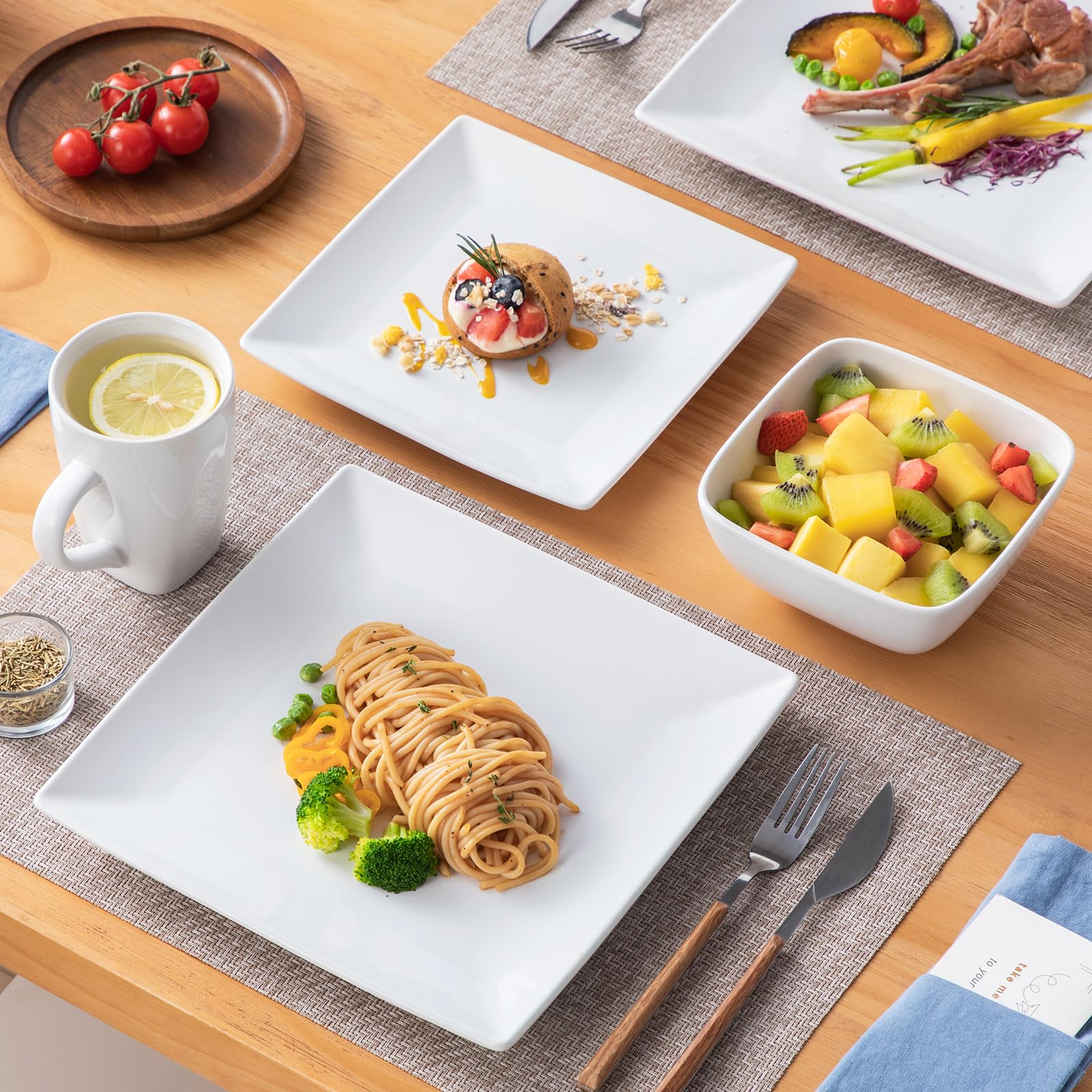 Geschirrset eckig, vancasso SOHO Tafelservice 6 Personen aus Steinzeug, 24tlg Geschirr modern mit Speiseteller, Dessertteller, Schüssel und Tassen