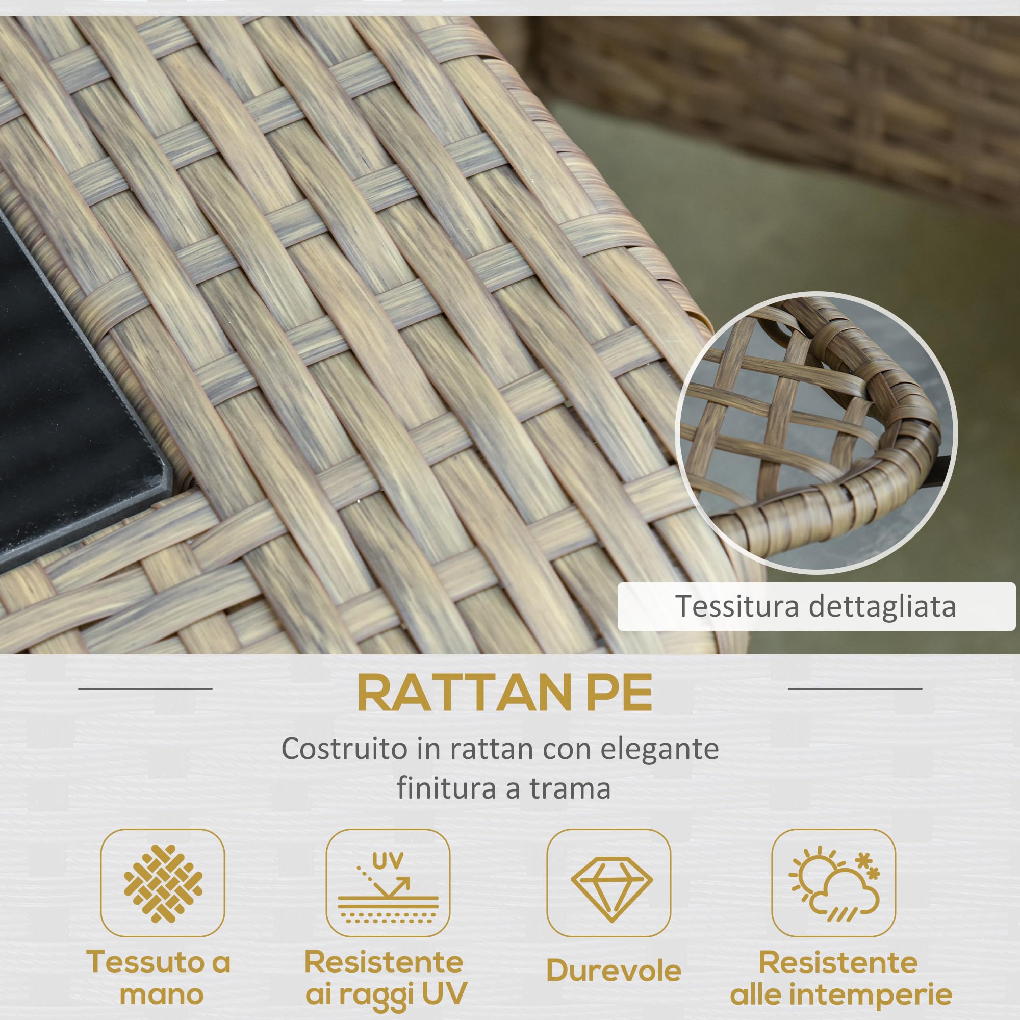 Outsunny Set Mobili da Giardino Rattan PE 2 Poltrone Khaki e Arancione | Divano a 2 Posti, Tavolo, Cuscini