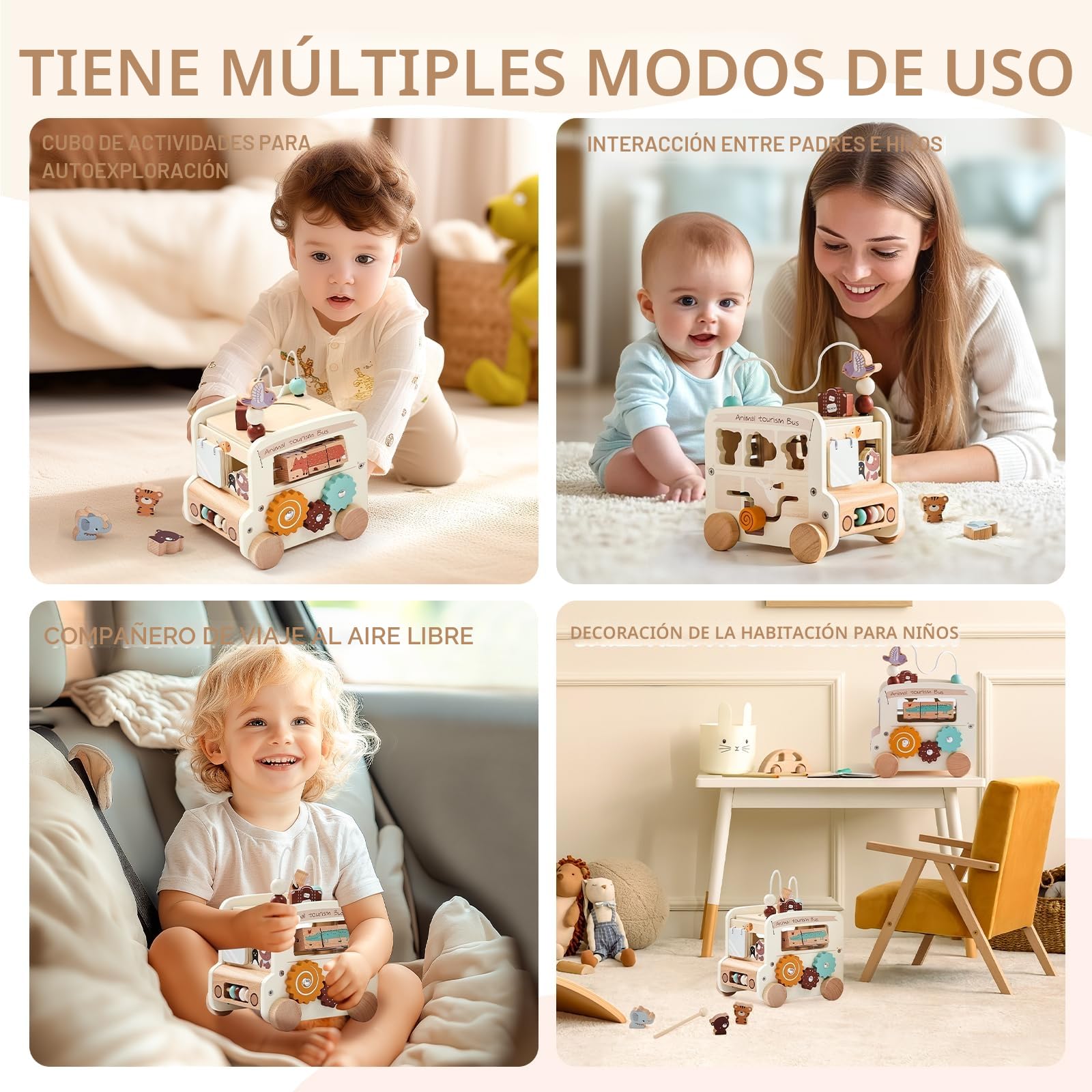 OESSUF Cubo de motricidad para bebé Montessori a Partir de 1 año, 9 en 1 autobús, Juguete de motricidad para más de 12 Meses, Juguete de Madera para bebés a Partir de 1 Regalo para niñas y niños