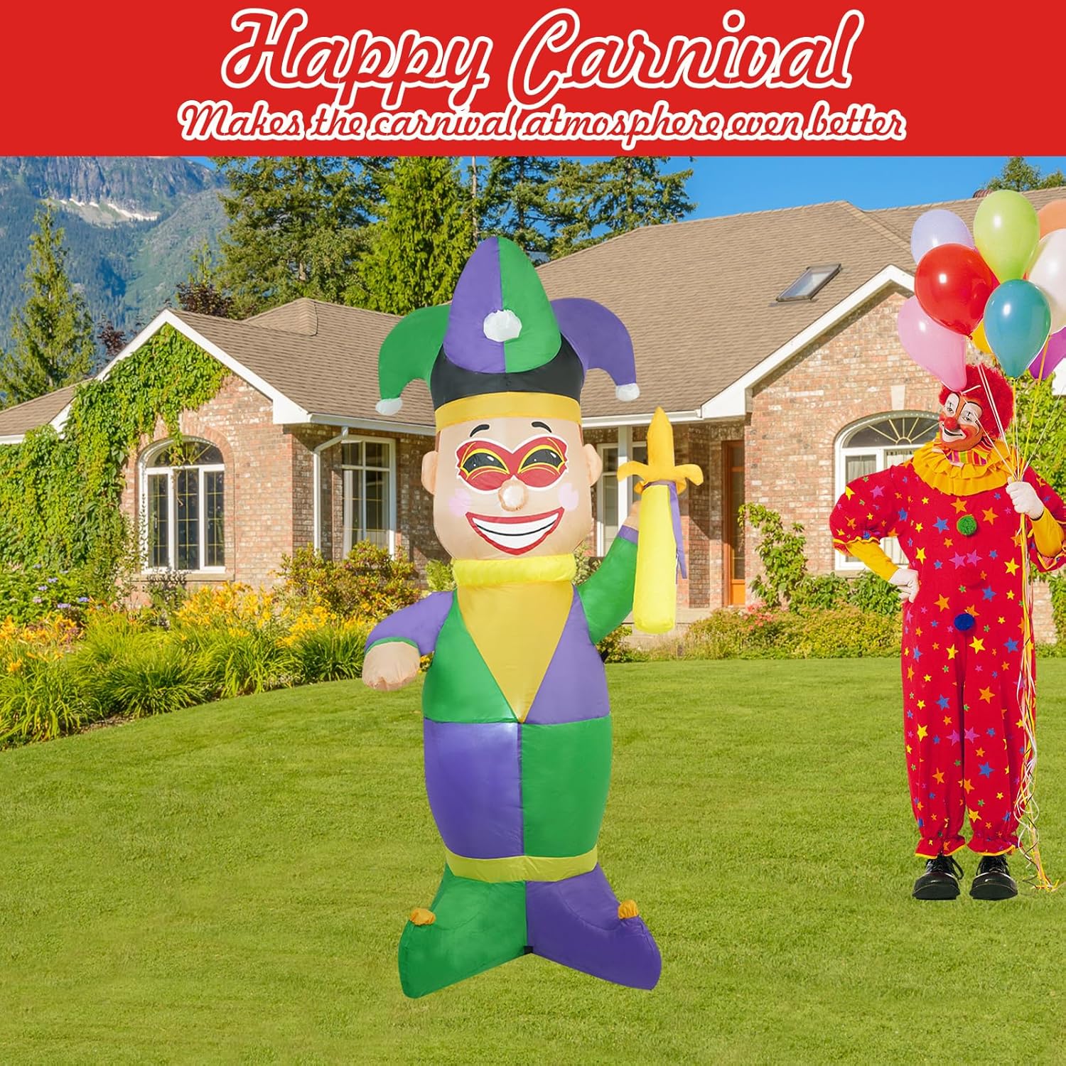 [2026 New] 5FT Huge Clown Inflatable, Mardi Gras Inflatable Decoration Decorations, Build-in LED Lights,Mardi Gras Blow up Outdoor Yard Decorations for Party, Indoor Home Celebration Garden Lawn