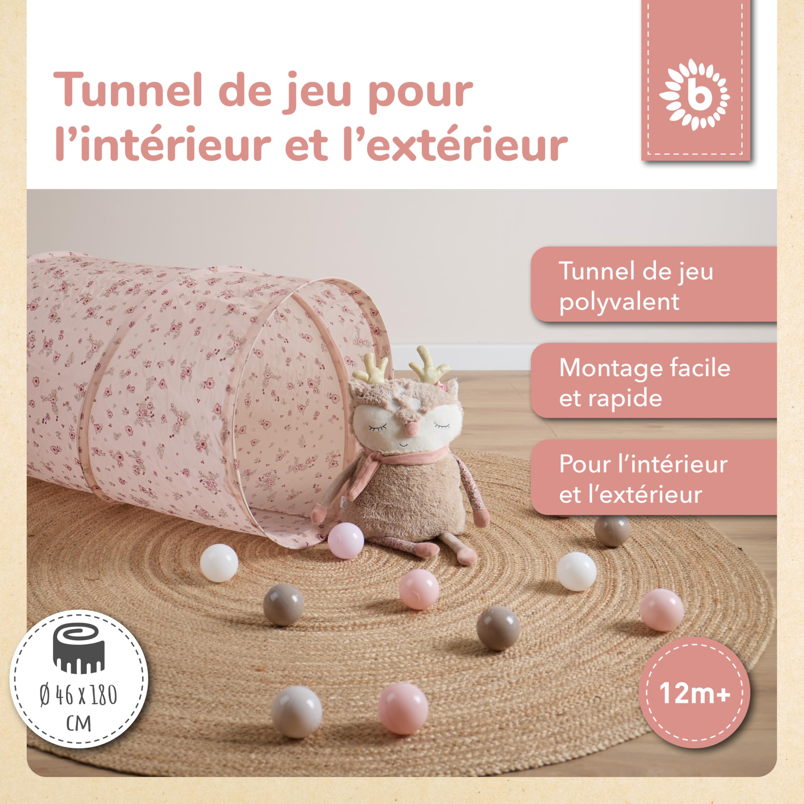 Bieco Tunnel Enfant XXL Dreamy Flowers | 180 x 46 cm | Jeux Exterieur Enfant 1 Ans
