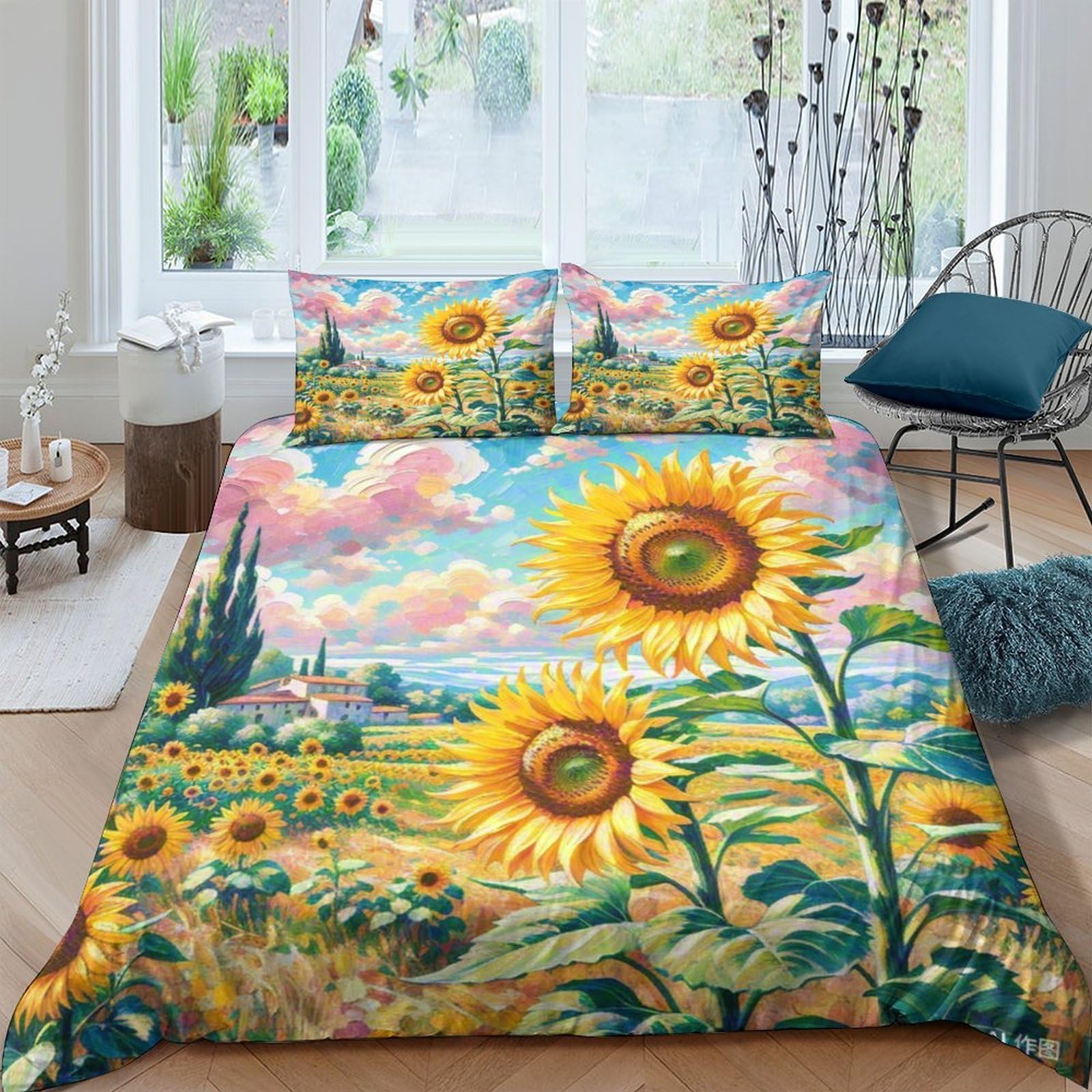 Parure de lit tournesol 3D en microfibre 200x200 cm avec housse de couette et taies d'oreiller