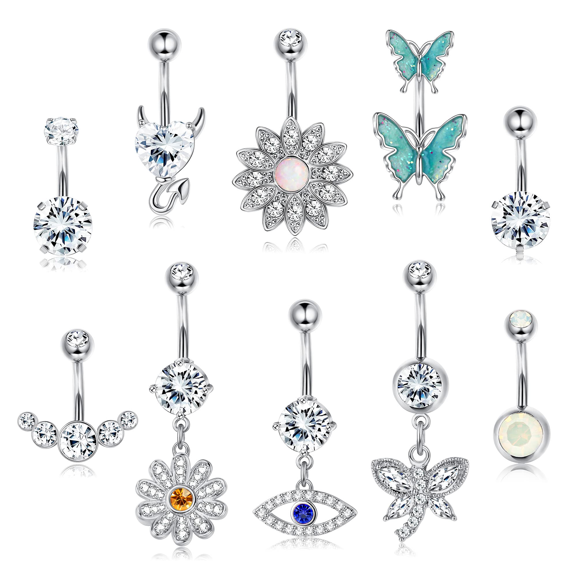 KALVICA 10 Piezas Anillos de Ombligo para Mujeres Niñas Acero Inoxidable Piercing Ombligo con Colgante Zirconia Cúbica Ojo Maligno Mariposa Curvantes Piercing Joyería Piercing Plata Oro Rosa