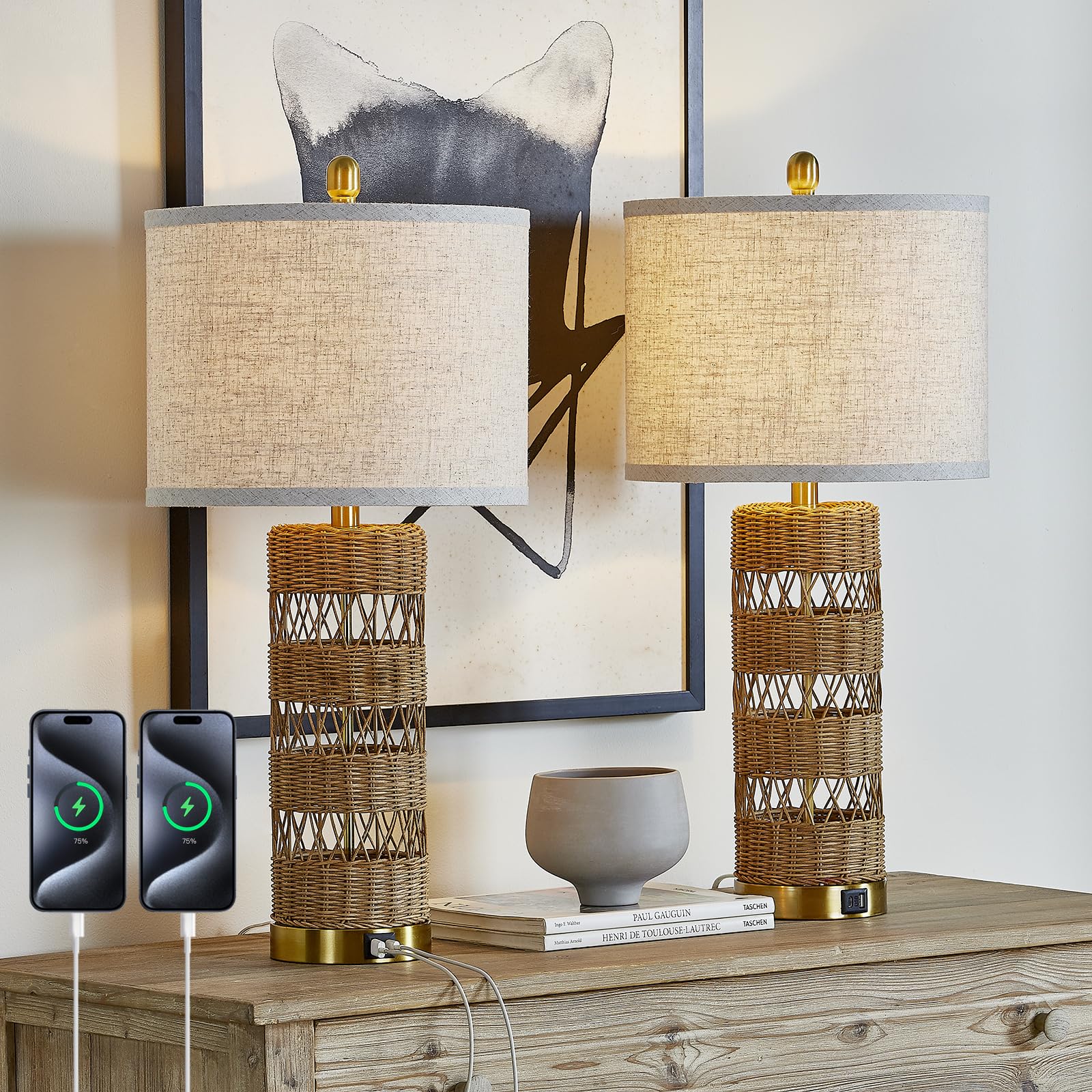 BLHDZJR Natural Solid-Color Rattan Table Lamps Set of 2-28" Rustic Bedside Lamps for Nightstand,bedrooms, Living Rooms, or entryways & Rotary Switch,