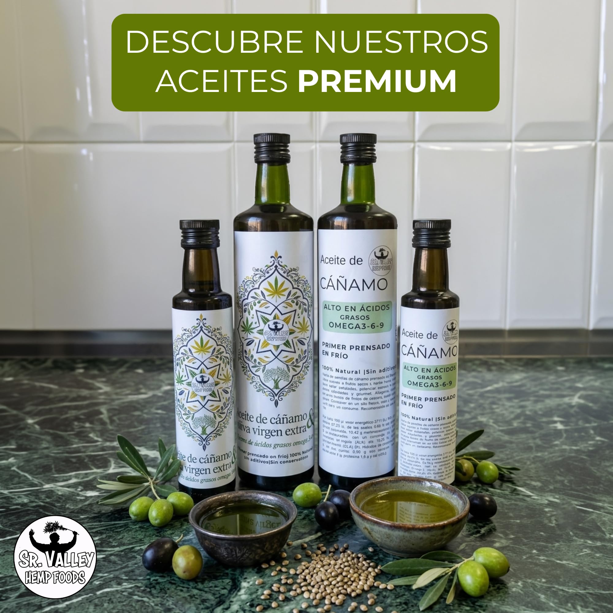 Sr Valley Aceite de Cañamo 100% Puro y Vegano | 750 ml prensado en frío | Para uso culinario y cosmético | Sin aditivos ni conservantes y con semillas no OGM