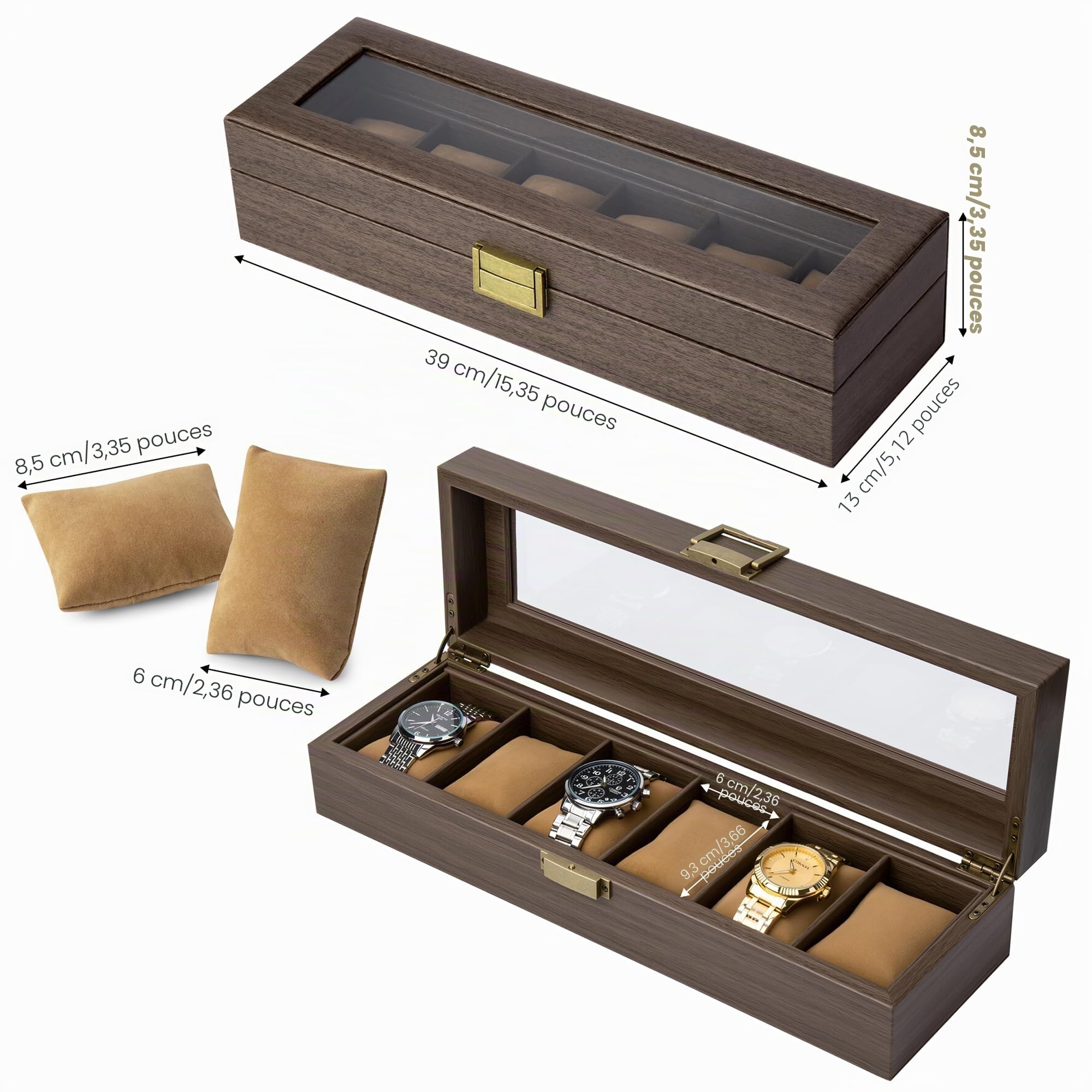 Lonian Bois massif montre Box, boîtier de montre pour homme 5 emplacements de rangement en bois Organiseur de boîtier de montre avec écran en verre Dessus exquis et durable