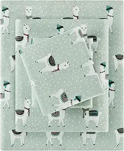 True North by Sleep Philosophy Cozy Flannel Warm 100% Cotton Sheet - Novelty Print Animals Stars Cute Ultra Soft Cold Weather Bedding Set, Twin XL, Seafoam Llama 3 Piece