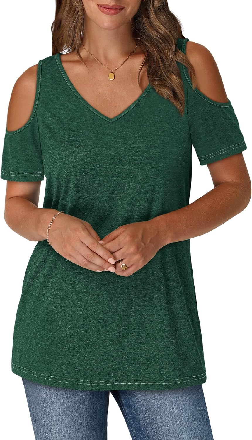 OFEEFAN Womens Tops Cold Shoulder Short Sleeve V Neck Tee Shirts Summer Spring Dressy Casual Plain/Printed