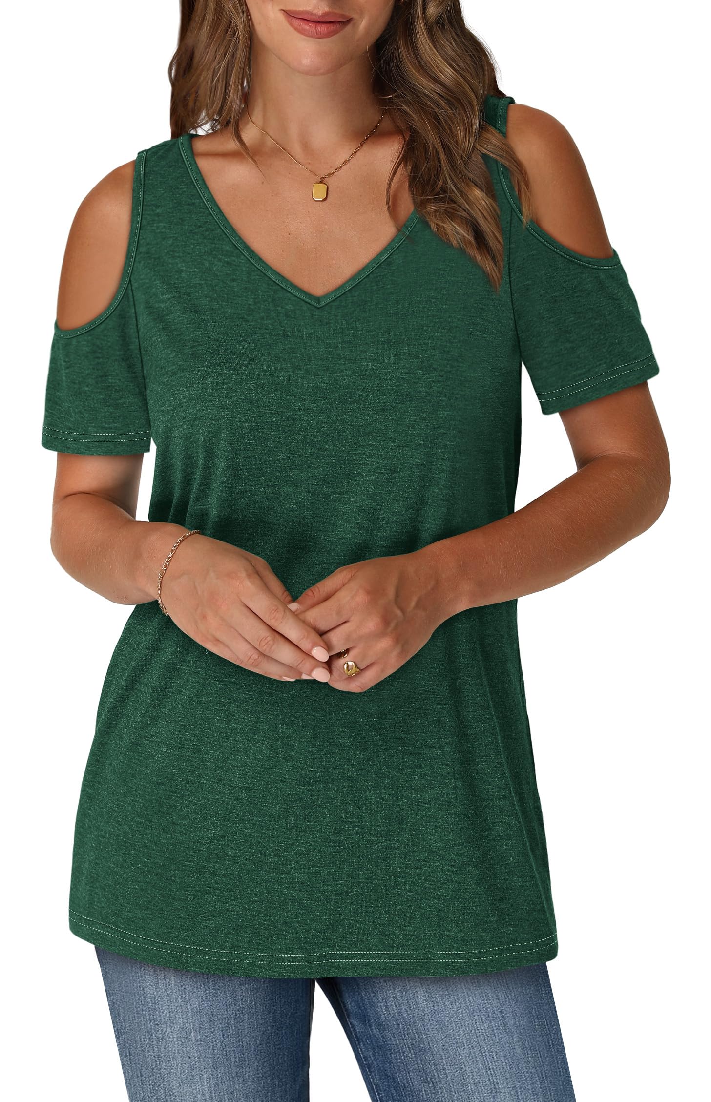 OFEEFAN Womens Tops Cold Shoulder Short Sleeve V Neck Tee Shirts Summer Spring Dressy Casual Plain/Printed
