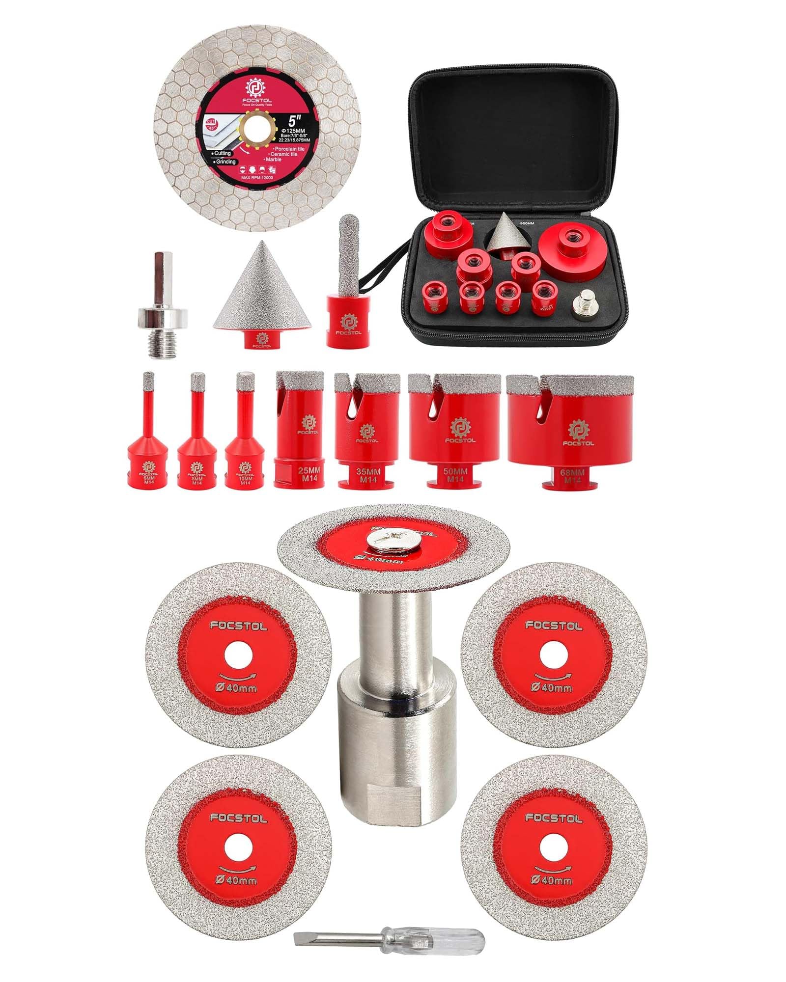 FOCSTOL Disco Corte Vidrio 5 piezas 40mm Disco Diamante y 1 pieza M14 Brida y Juego de Brocas Diamante 11 piezas