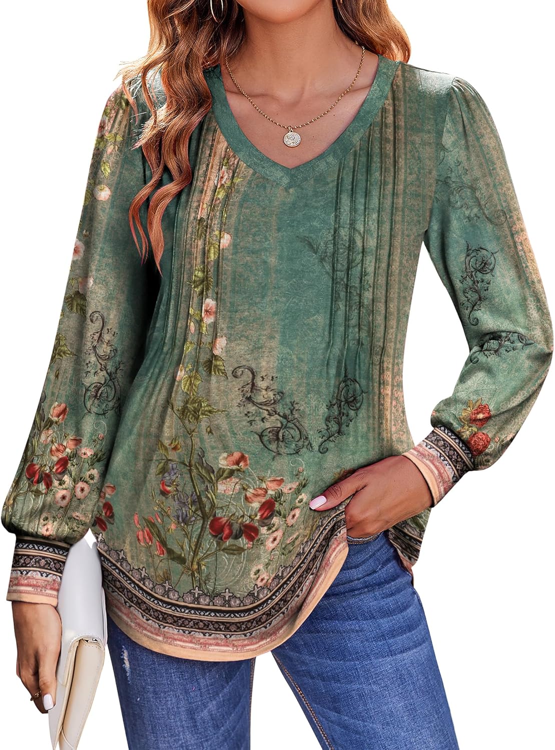 Zeagoo Women’S Puff Long Sleeve Shirts Pleated V Neck Fall Tunic Tops Blouse Dressy Causal Loose Summer T-Shirts