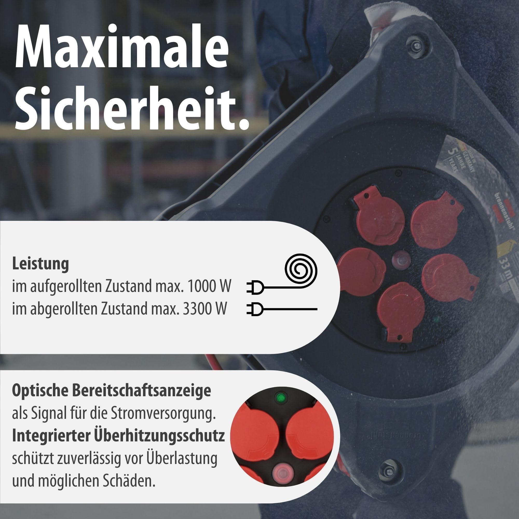 Brennenstuhl Avvolgicavo professionale per cantiere, KA 3110 5 IP44 (33 m H07BQ-F 3G1,5 cavo rosso, uso in cantiere e uso esterno permanente, 5 prese di sicurezza, Made in Germany)