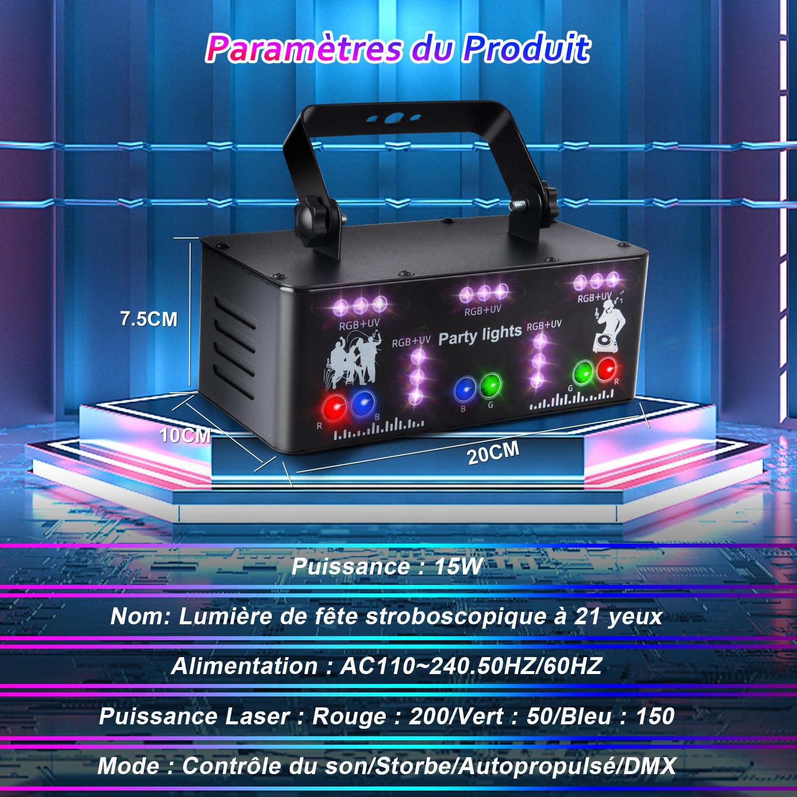Fwiull Lampes Fête Professionnelles, 21 Lentilles Lumiere Soirée, DMX 512 d'Effets Lumière, Lumière Disco RGB UV à Commande Vocale, Lampe de Scène Télécommande Halloween, Fête, Noël ‎YSH-503 Noir