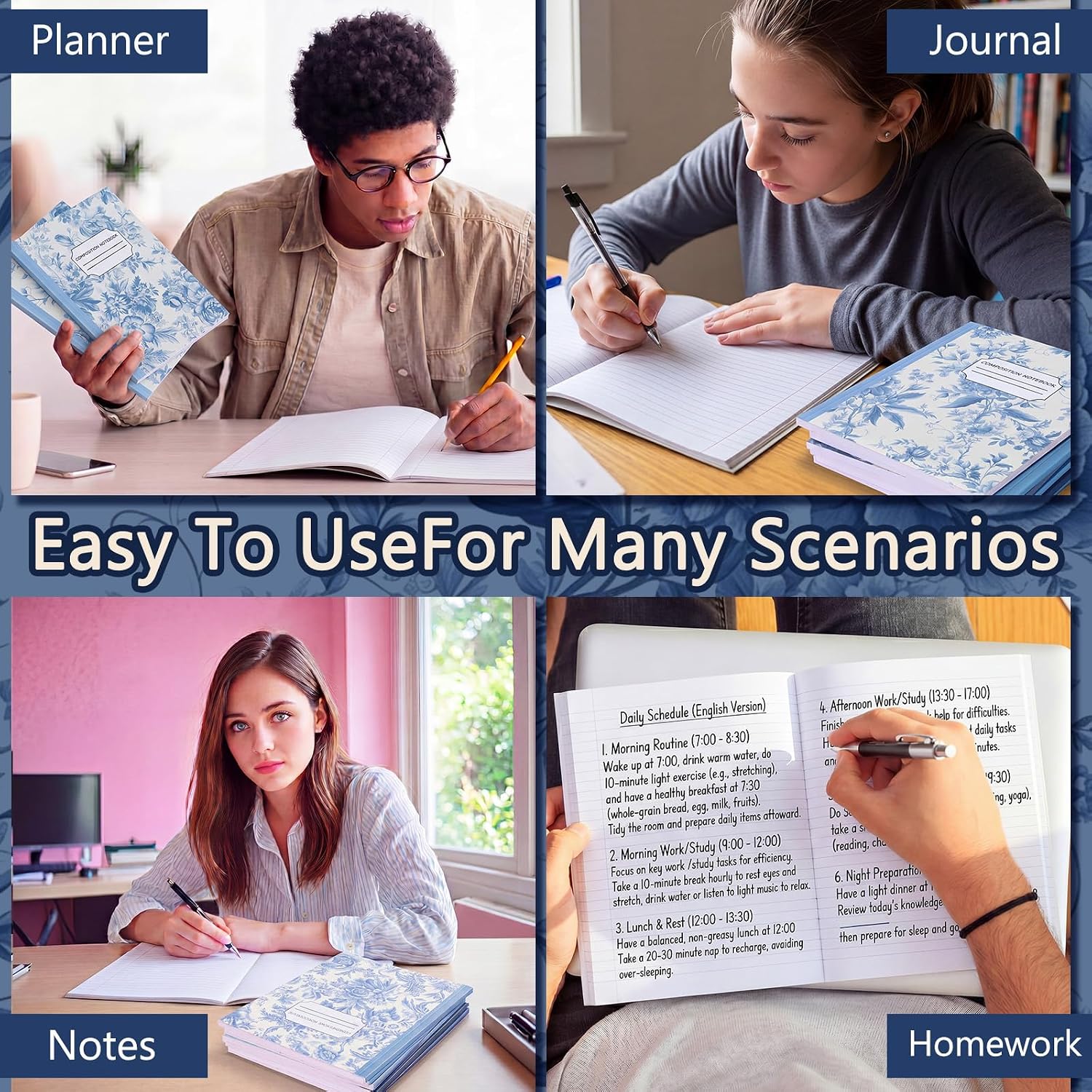 Harloon 6 Pcs Composition Notebooks College Ruled 9/32-inch Paper Vintage Blue Flower Composition Notebook 110 Page 7-1/2" x 9-3/4" Journal Back to School Gift for Teacher Student First Day of School