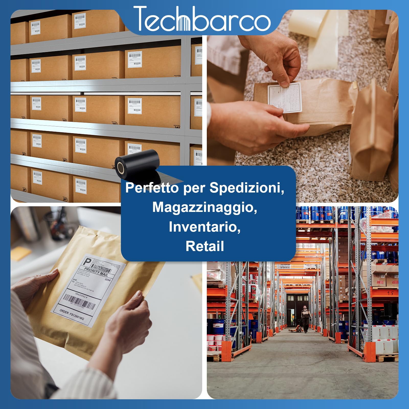 6 rotoli di nastro a trasferimento termico in cera migliorata di alta qualità, 4,33" x 984' (110 mm x 300 m), nero, per stampante di codici a barre industriali, compatibile con Zebra, TSC, GoDex