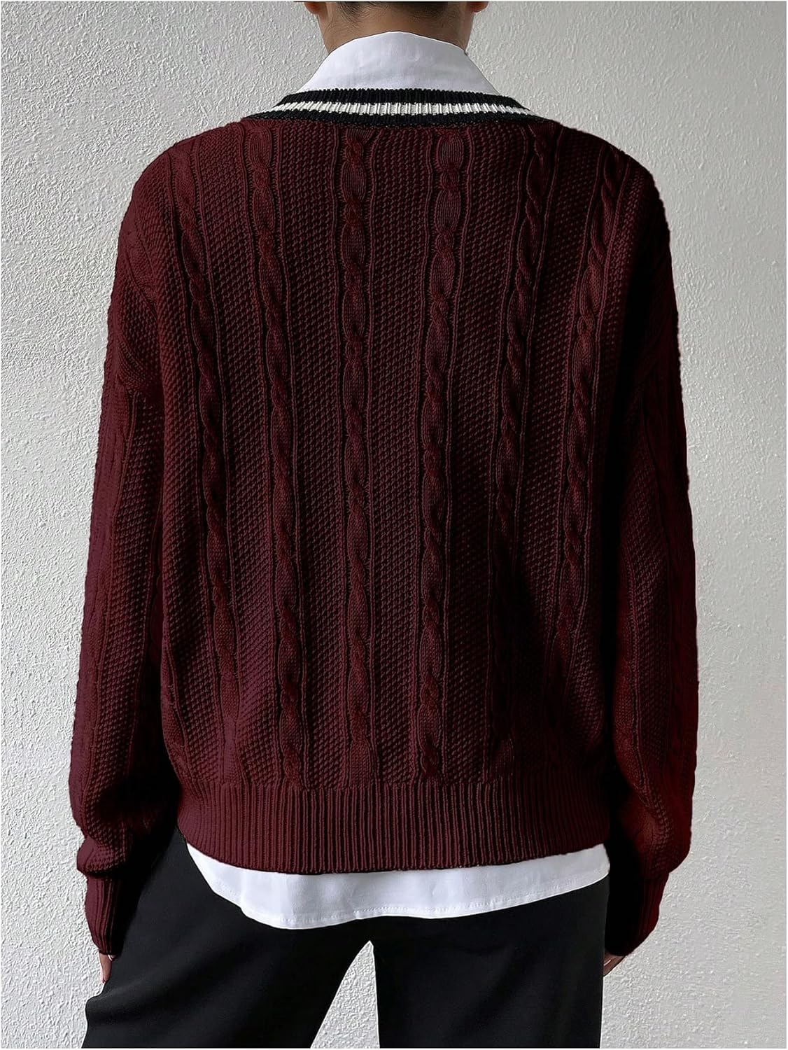 GORGLITTER Women's Striped Checkered Sweater Long Sleeve V Neck Oversized Knit Pullovers Tops - Image 3