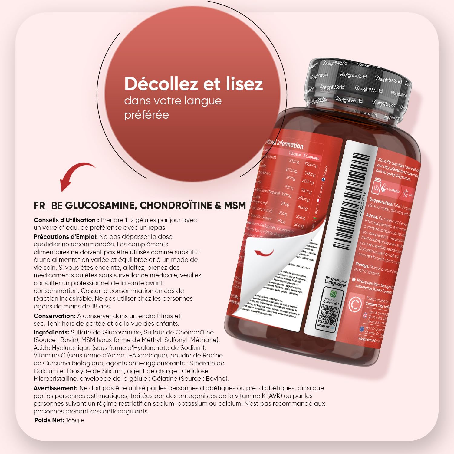 Glucosamine Chondroïtine MSM Vitamine C 180 Gélules - Enrichi en Curcuma, Acide Hyaluronique & Vit C Acide L Ascorbique - Complexe Glucosamine Chondroïtine sans OGM ni sans Gluten