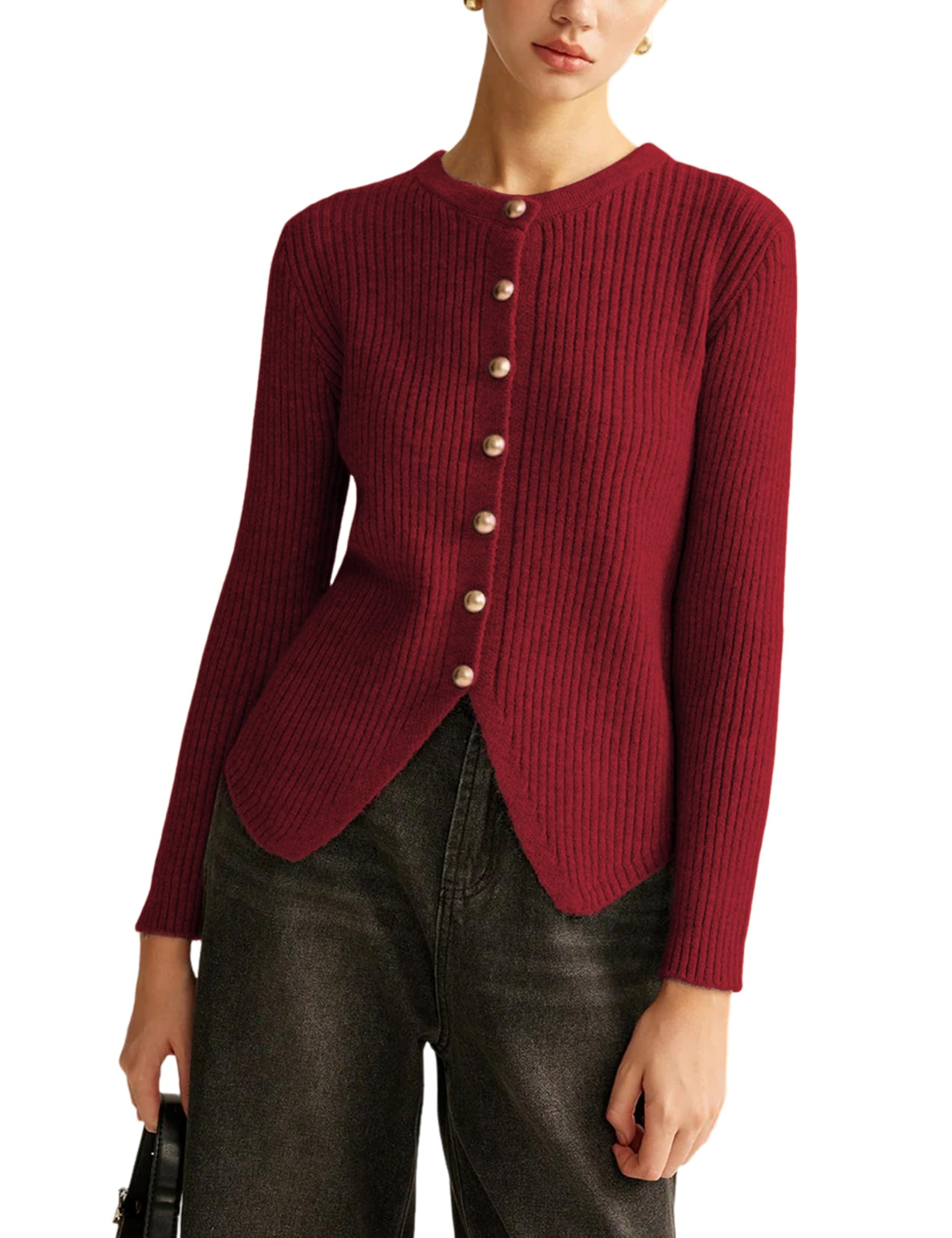 Yeokou Womens Split Cardigan Gold Button Down Cable Knit Fall Winter Sweater Knitwear