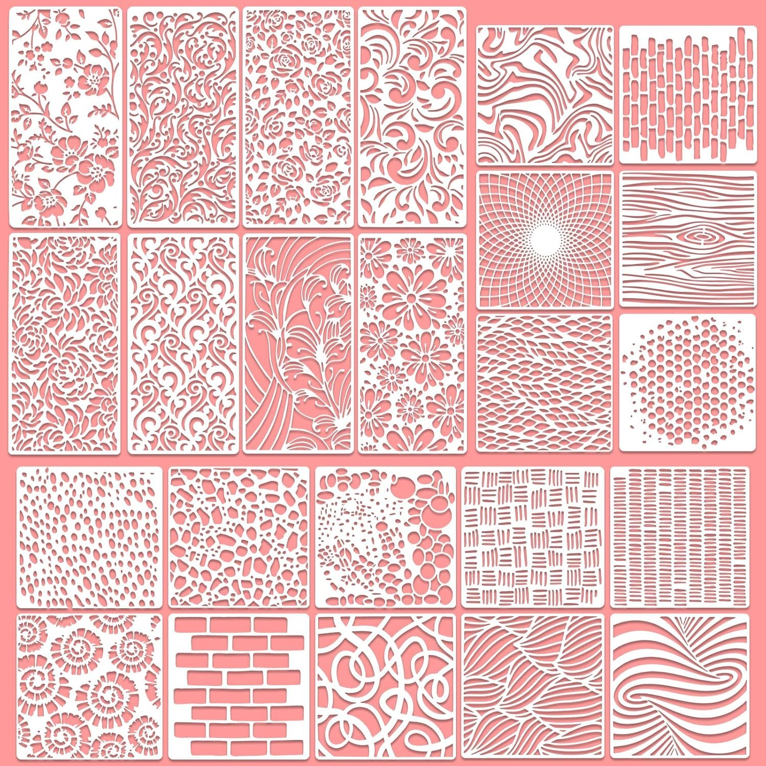 Devasya Crafts 24 PCS Stencils for Painting, Reusable Geometric and Floral Painting Stencils Abstract Layering Stencil for Wooden Furniture, Floor Decor, DIY Craft Supplies, Includes Flower and Stripe Patterns