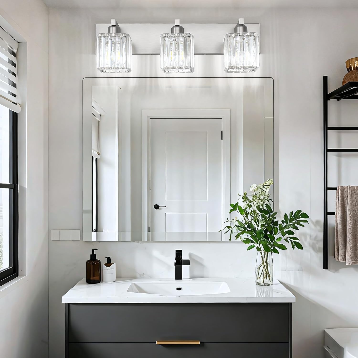 Aipsun Brushed Nickel Vanity Light Bathroom Lighting Fixtures 3 Light Crystal Modern Bathroom Vanity Light (Exclude Bulb)