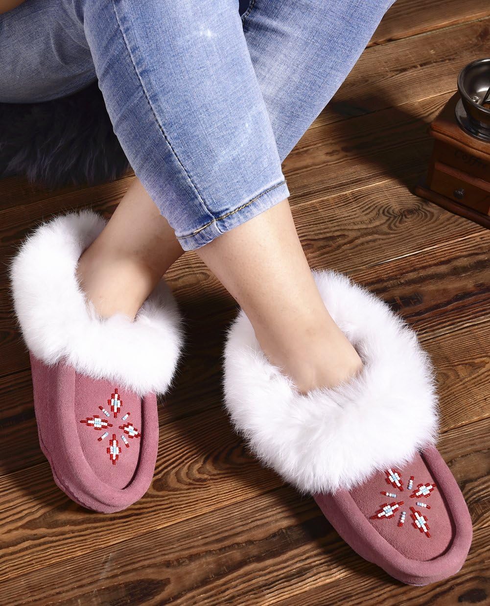 Women Moccasins Indoor Slippers of Soft Sole Fleece Lined Rabbit Fur Trim - Image 3