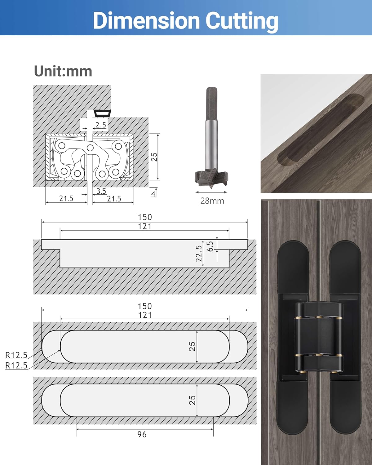 Invisible Door Hinges (2 pcs) -7 Inch Black Hidden Hinges for Doors, 3 Way Adjustable & 180 Deg Swing & Upgraded Copper Support Invisible Hinge, Heavy-Duty Concealed Door Hinges 177Lbs Load-Bearing