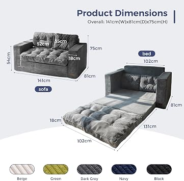 MAXYOYO Sofa Bed, Loveseat Convertable with 2 Pillows, 2 in 1 Comfy Corduroy Sofa 2 Seater, Floor Lounger Pull Out Sleeping Area 101x196CM, 15cm Thincken Mattress