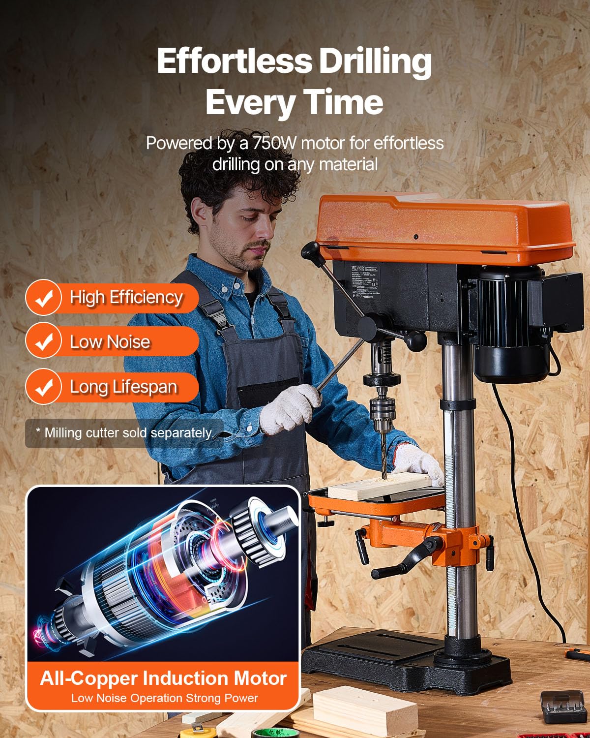 VEVOR 304,8 mm Tischbohrmaschine, 750 W, Säulenbohrmaschine mit 340–2200 U/min variabler Drehzahl, mit 0–45° neigbarem Arbeitstisch, LED, Röntgenpositionierung, für Holz & Metall
