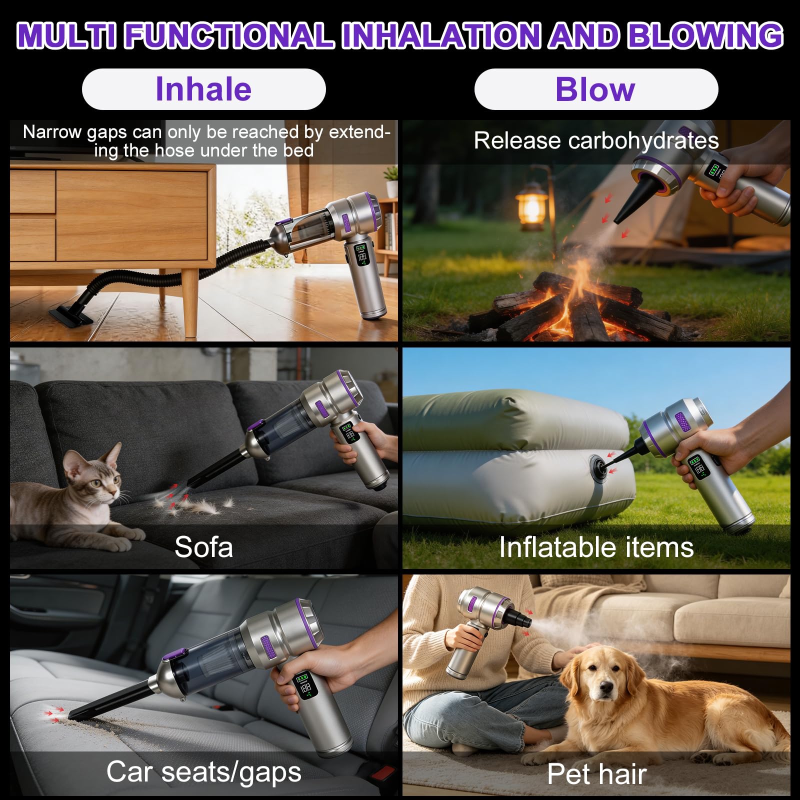 Aspirabriciole Senza Fili, 24000Pa 4-in-1 Aspirapolvere Auto Cordless con Schermo, Aspiratore e Soffiatore con Motore Brushless, per la cucina, l’automobile, la casa, i peli di animali