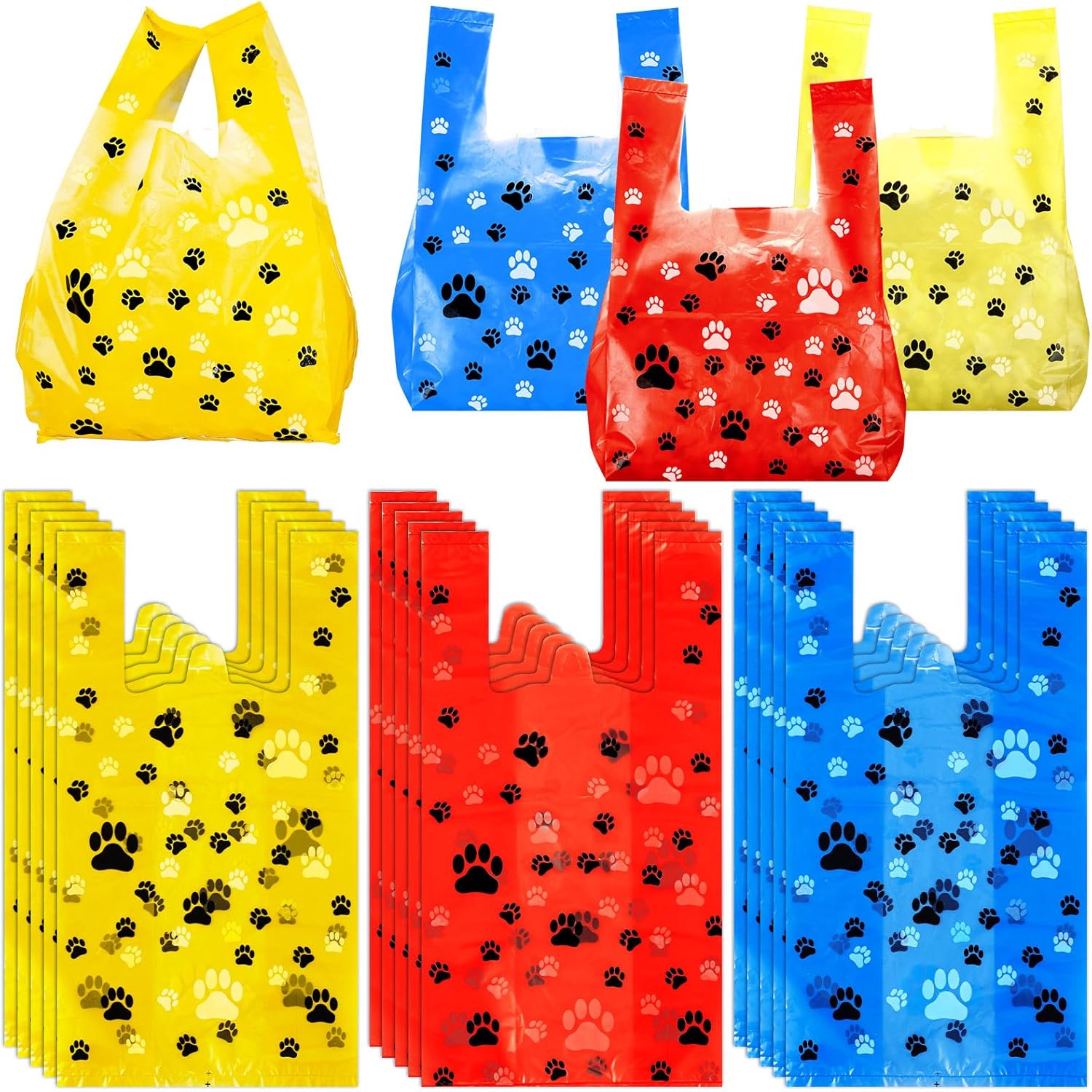Outus 50 Pcs Paw Dog Print Gift Bags Bulk T Shirt Treat Candy Goodie Bag for Paw Cat Dog Birthday Party Supplies, 7.6x14x4.8