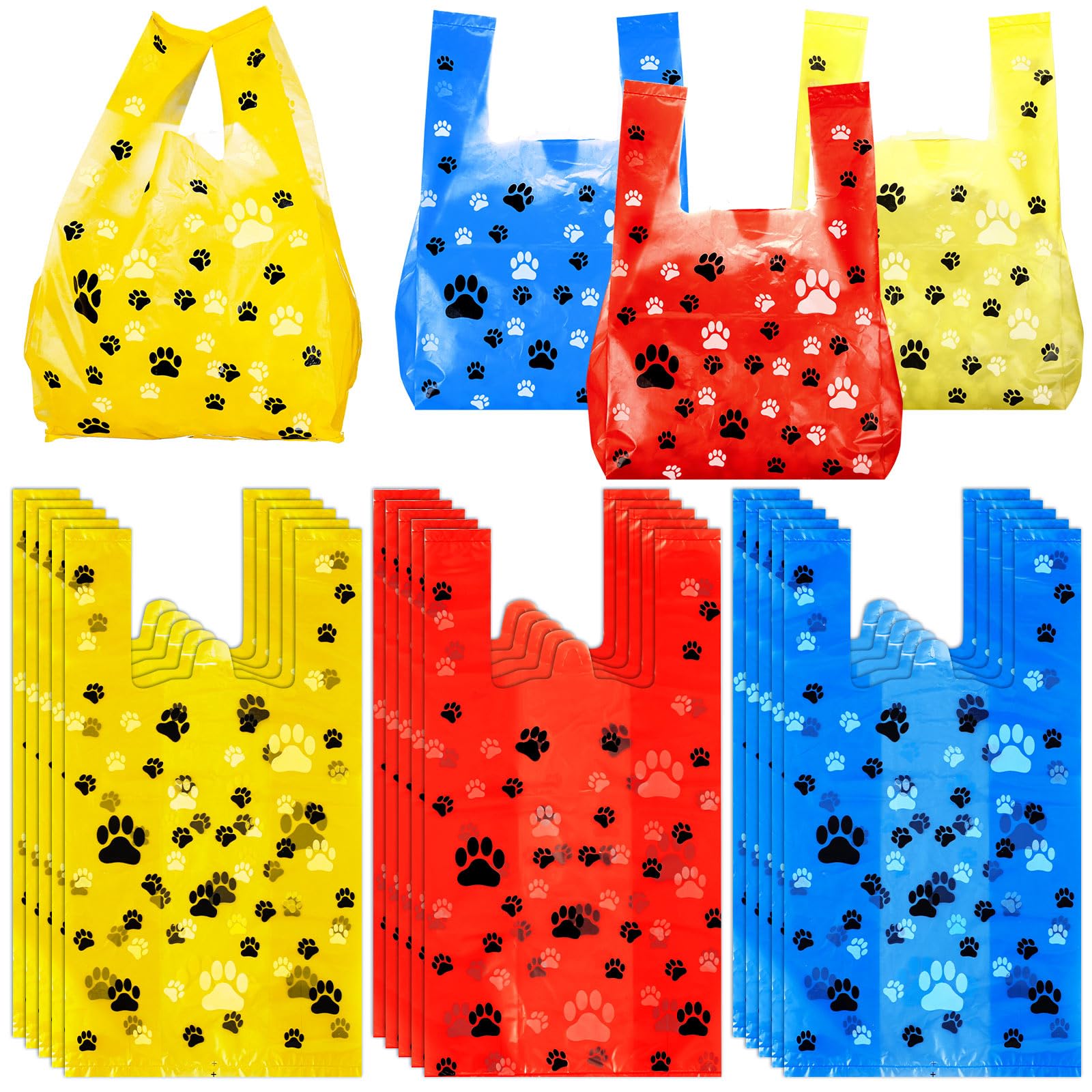 Outus 50 Pcs Paw Dog Print Gift Bags Bulk T Shirt Treat Candy Goodie Bag for Paw Cat Dog Birthday Party Supplies, 7.6x14x4.8