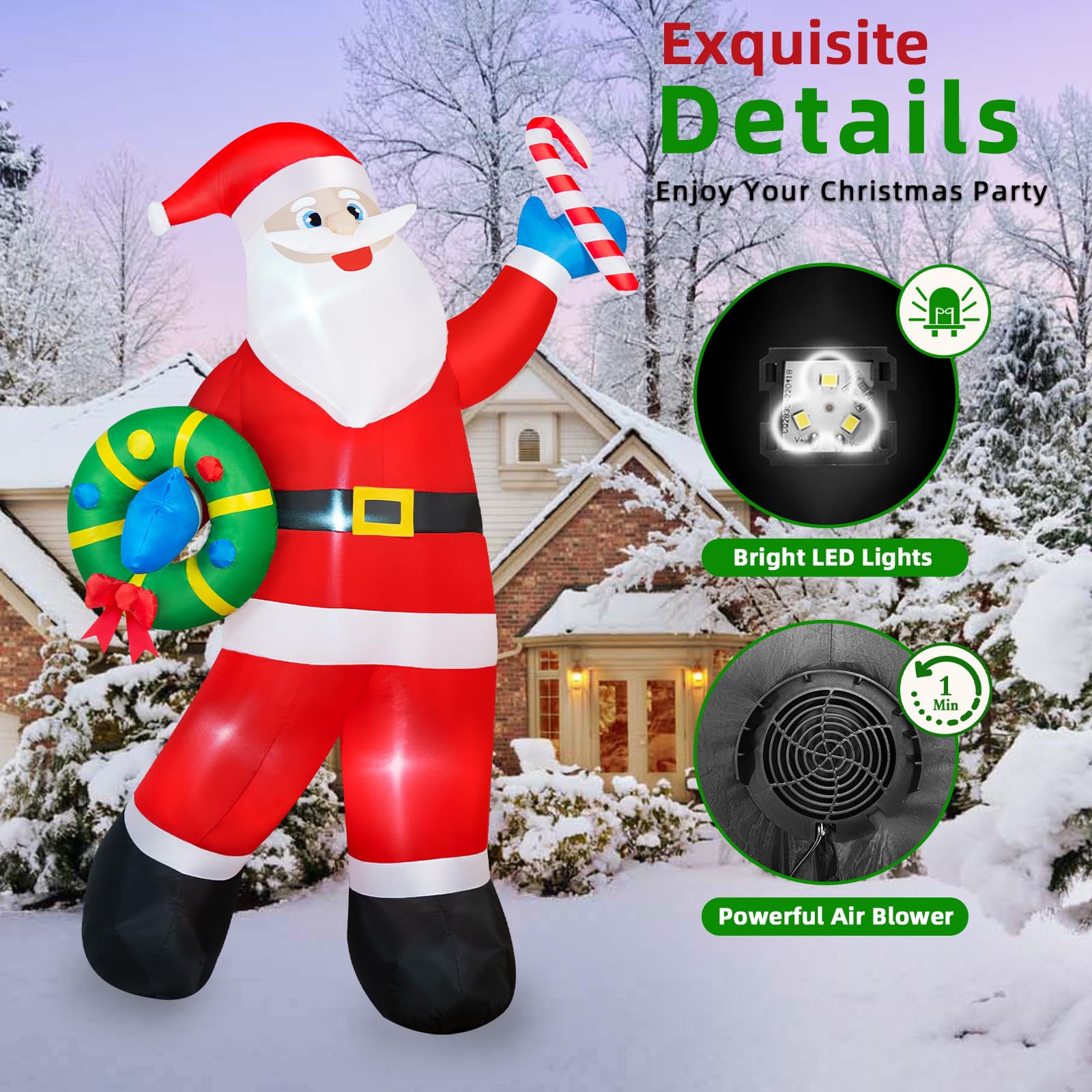 Père Noël gonflable de 2,4 m - Décorations d'extérieur - Père Noël gonflable tenant une guirlande de Noël - LED intégrées - Décoration de Noël pour Noël, vacances, jardin, pelouse