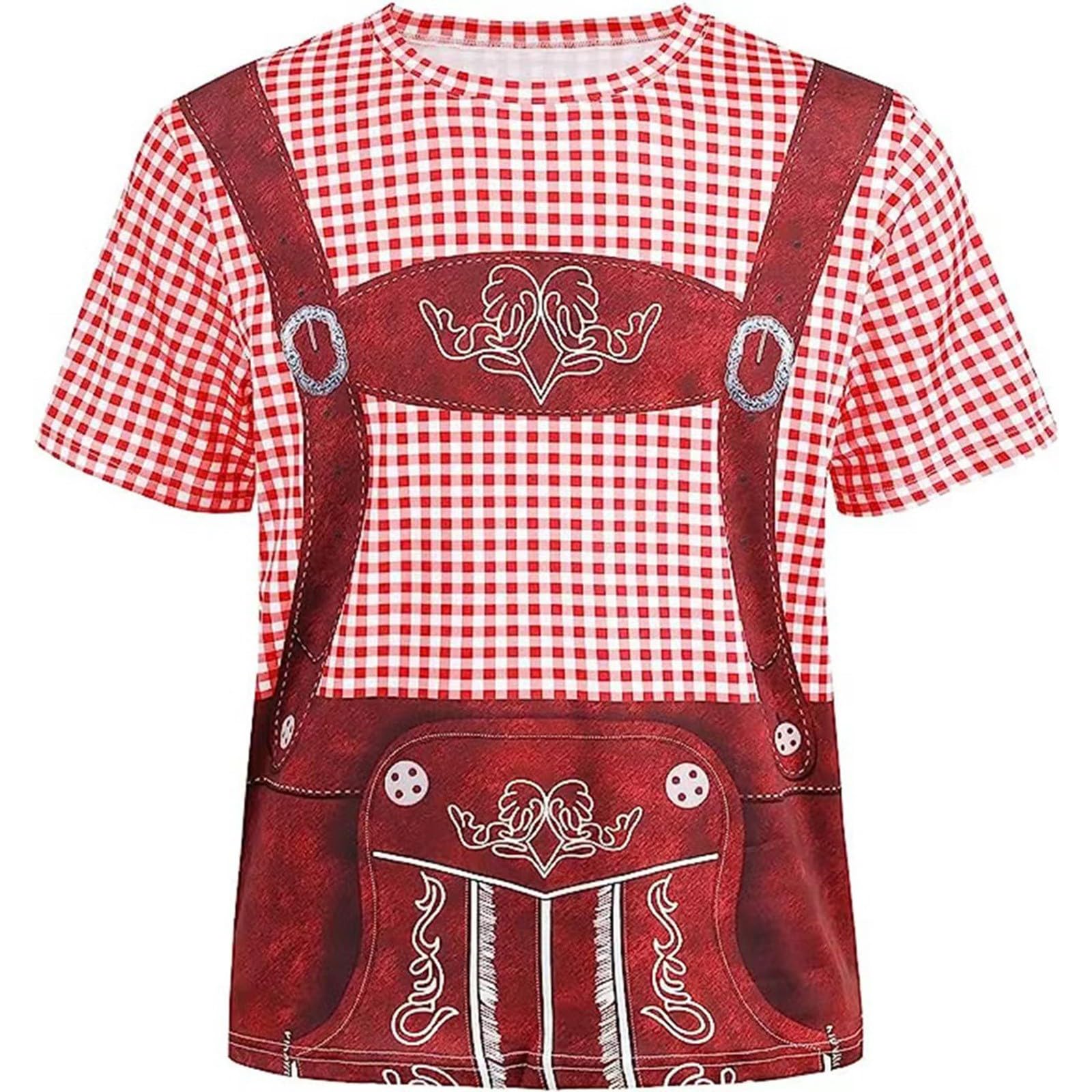 Adult Ladies Oktoberfest Beer Girl Bavarian Fancy Dress Costume Short Sleeve Crew Neck Plaid Print Oktoberfest Light Brown Tee Shirt Top Blouse German Dirndl Blouse Lederhosen Outfit