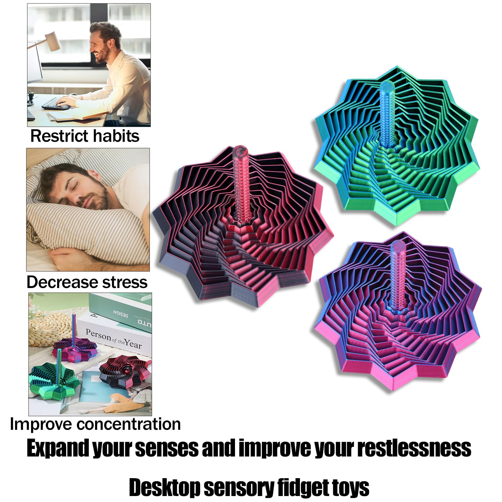 Lot De 3 étoiles Sensorielles Extensibles – Spirales Hexagonales, PETG, 8,5 Cm, Couleurs Assorties