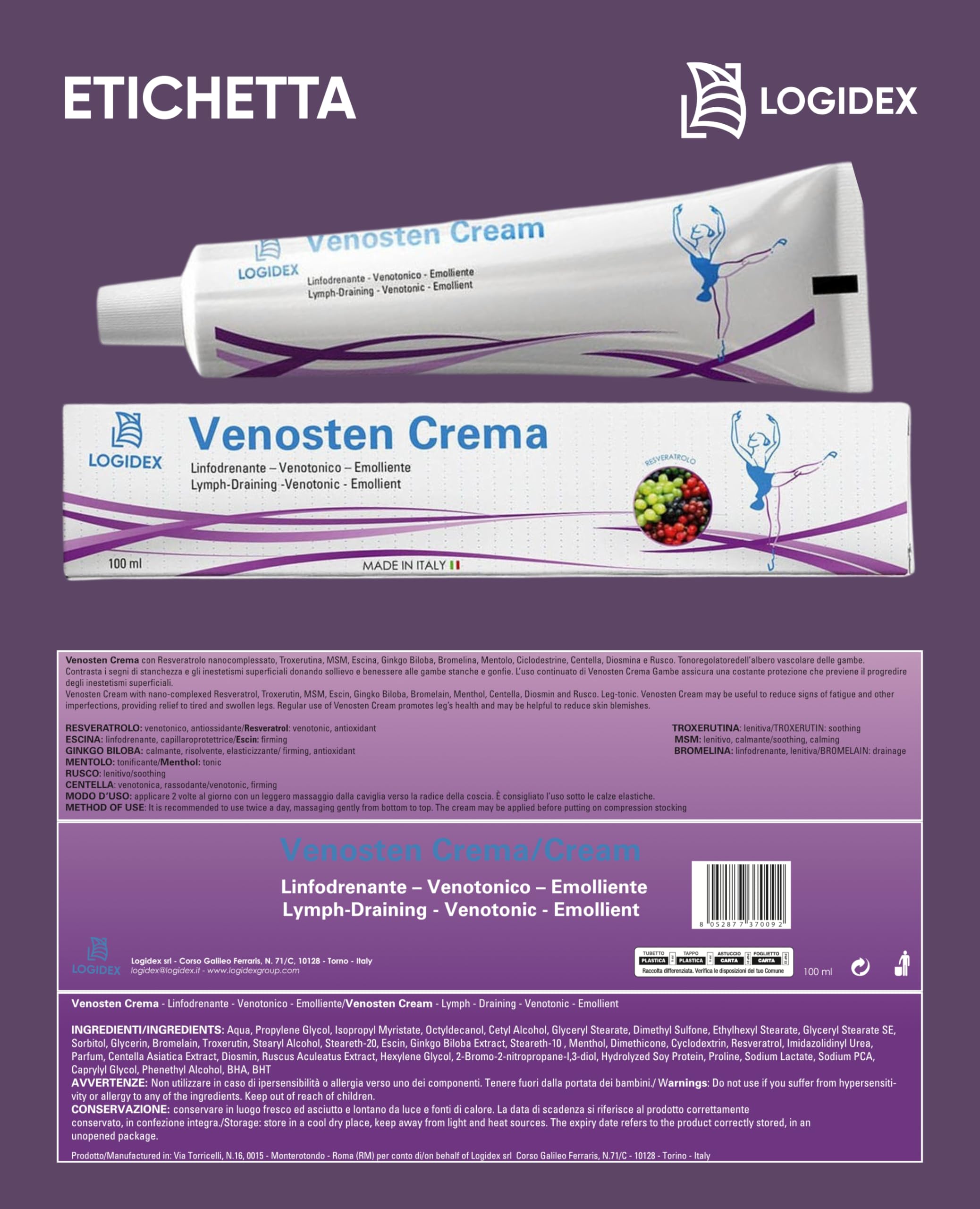 Venosten - Crema Vene Varicose e Capillari – Linfodrenante e Venotonica per Gambe Pesanti, Gonfie - con Resveratrolo, Troxerutina, Diosmina ed Escina - 100 ml - Logidex