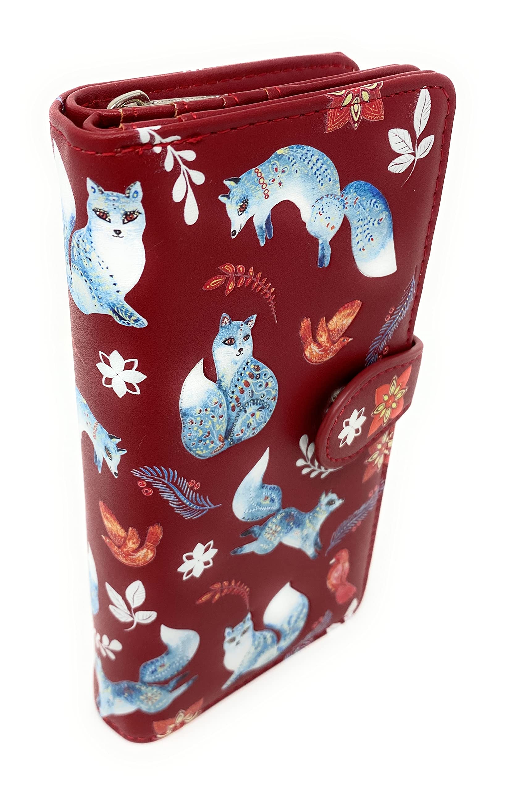 Shag Wear Folk Art Foxes Large Animal Wallet for Women and Teen Girls Vegan Faux Leather Red 7"