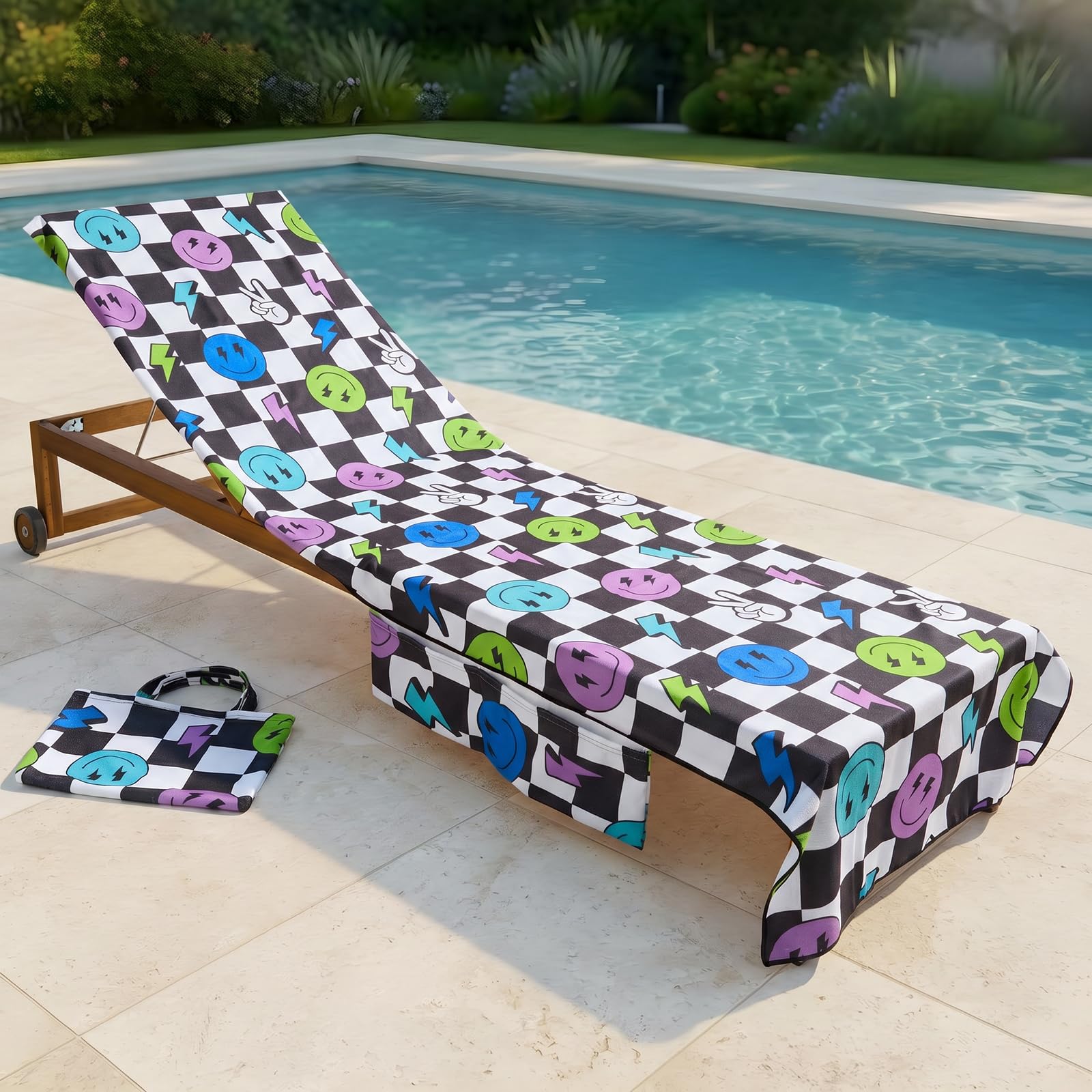 OHS Sun Lounger Towels with Pockets, Soft Quick-Dry Absorbent Beach Towels for Adults Sunbed Towel Large Beach Towel in a Bag Summer Holiday Essentials, 75 x 215cm - Smiley Checkerboard Monochrome