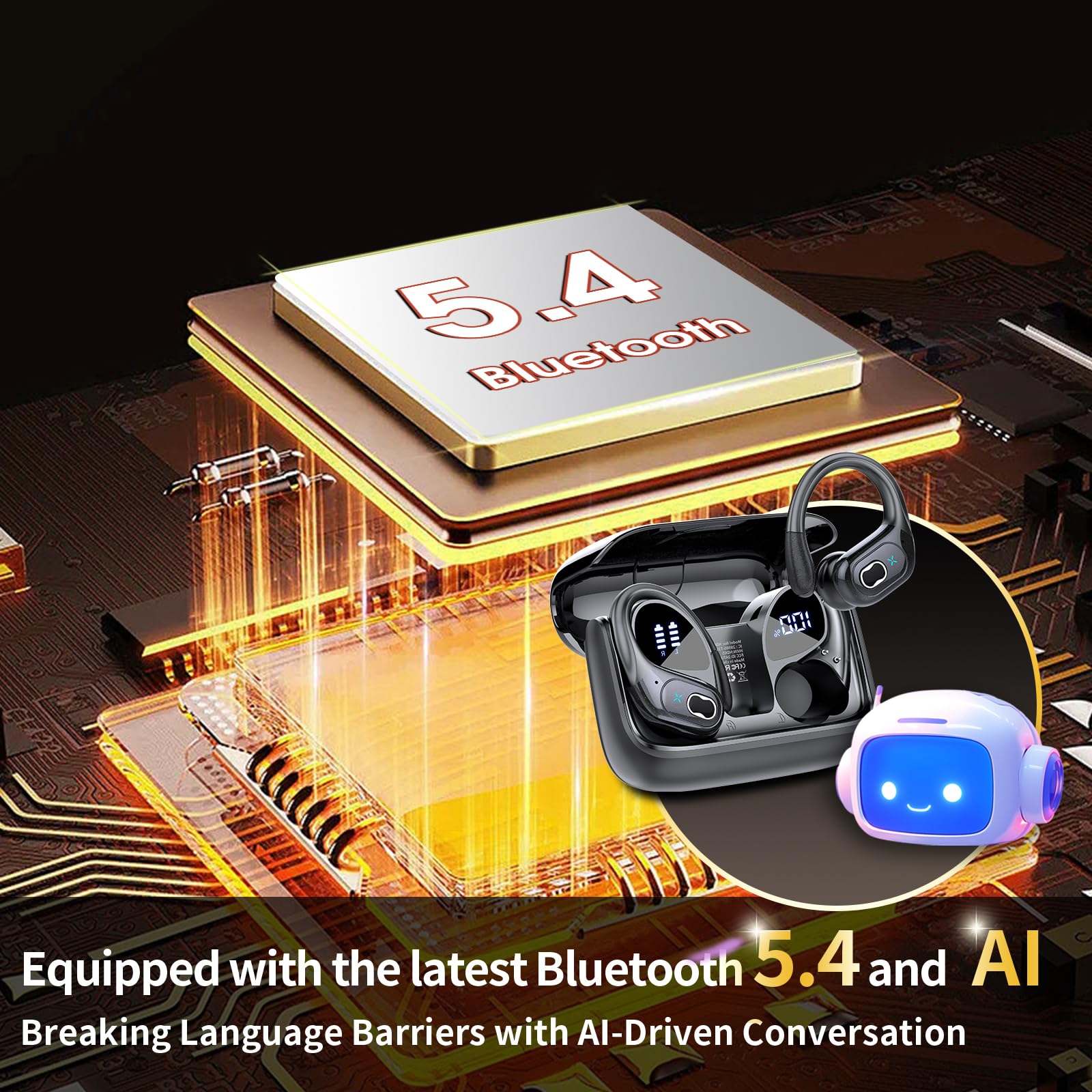Cuffie Traduzione AI, Bluetooth 5.4 Traduttore Simultaneo Vocale in 164 lingue, 75 Ore Auricolari Traduttori Istantanei con 6 modalità di traduzione, Auricolare Design Aggancio all'Orecchio, Nero