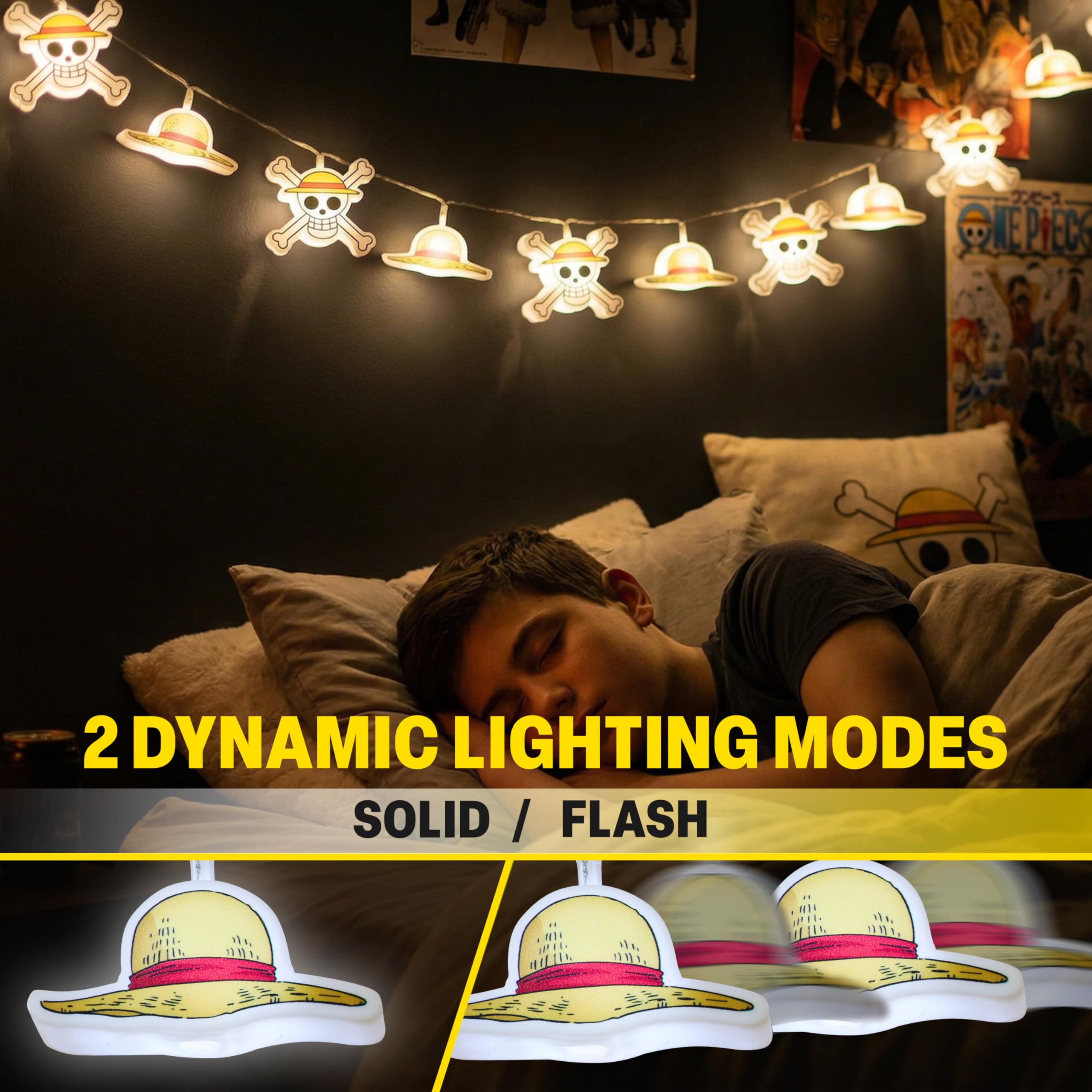 Get Trend One Piece Guirlande Lumineuse Intérieur 3D, Guirlande Led 10 en Fil de Cuivre Alimentée par Piles, 150 cm, Anime Merch Applique Murale pour Decoration Chambre, Idee Cadeau Manga