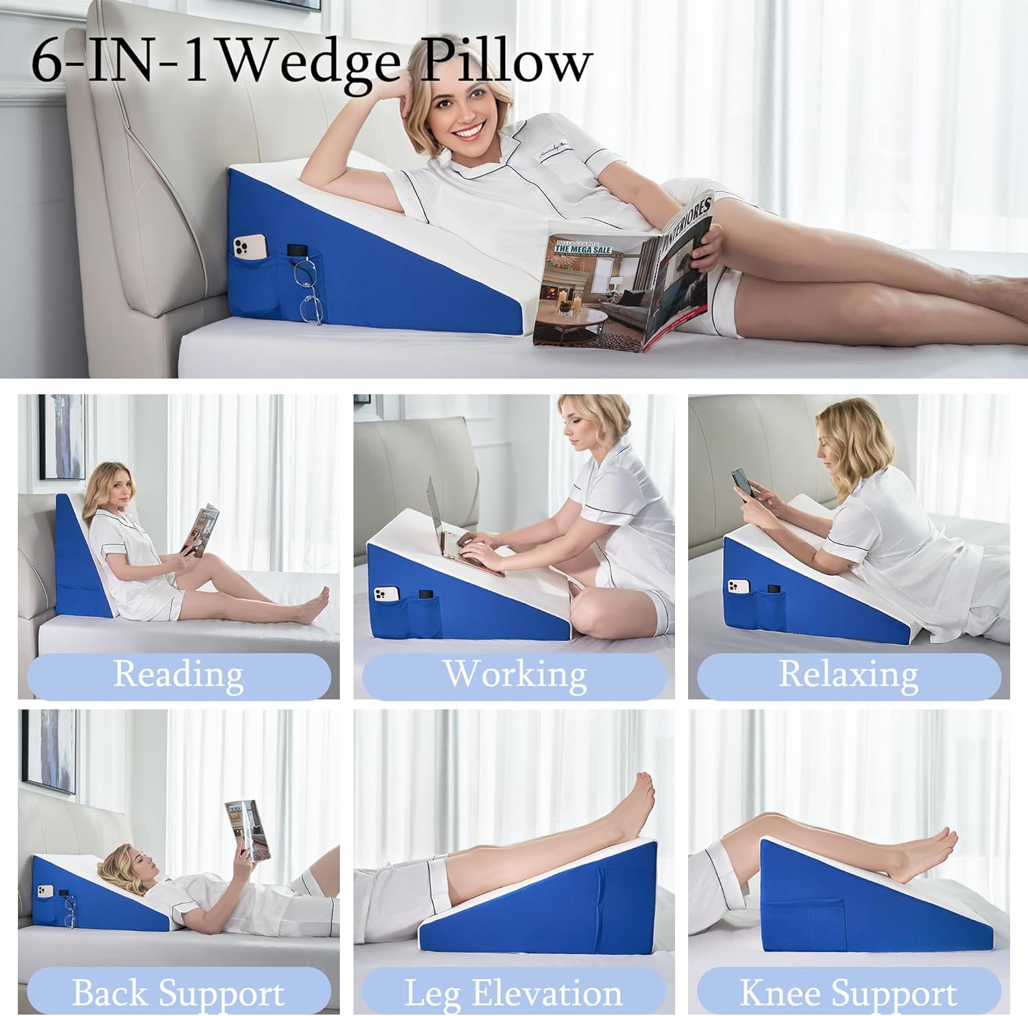 Bed Wedge Pillow for Sleeping,12”Wedge Pillow Headboard with Extra Pillowcase,Triangle Pillows Foam Wedges for Back Support, Elevated Wedges Pillows for Back/Legs, Washable Cover, Blue & white