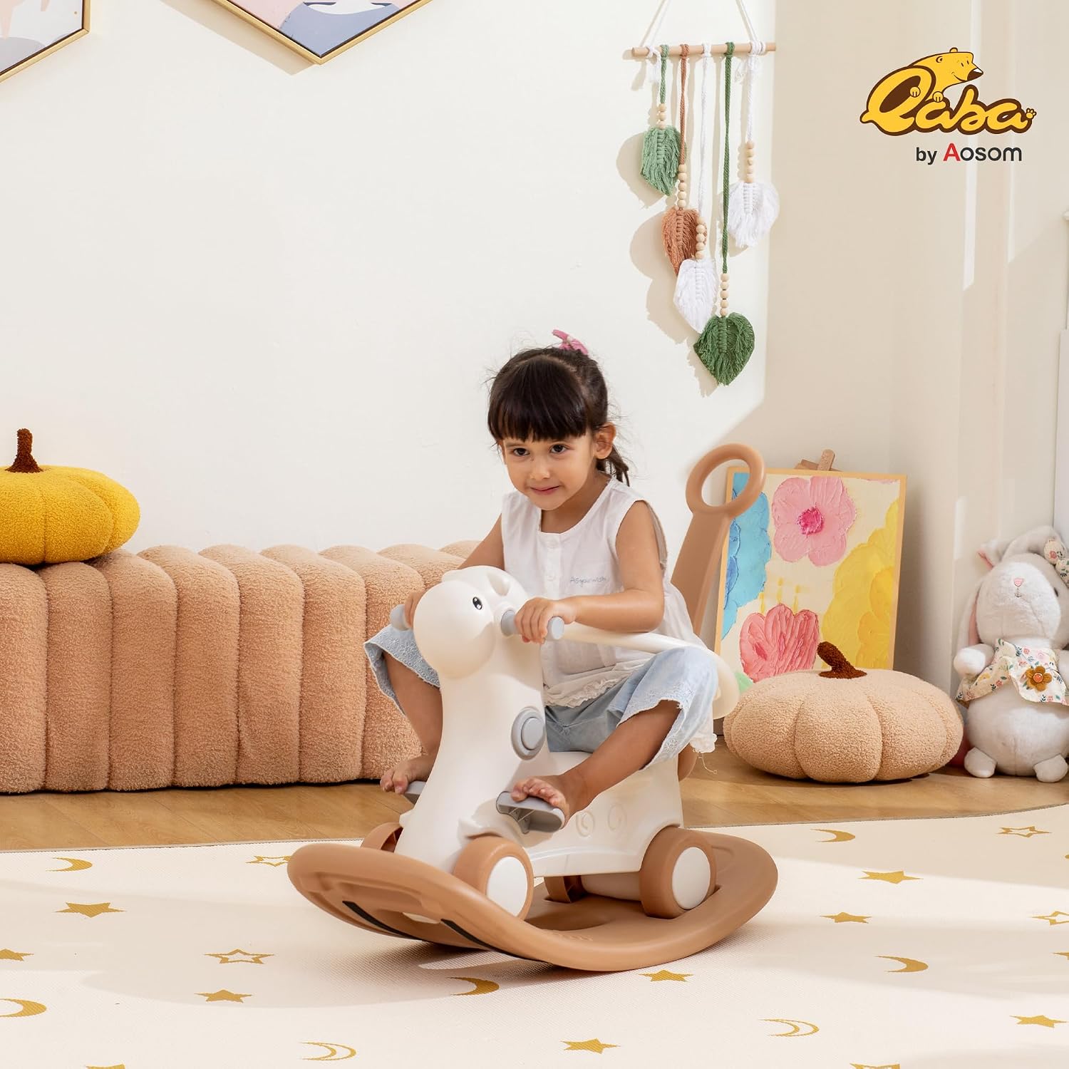Qaba 4-in-1 Rocking Horse for Toddlers 1-3 Years, Baby Rocking Horse with Detachable Balance Board and Push Handle, Alpaca-Shaped Ride On Toy with 4 Smooth Wheels, for Baby Girls and Boys, Brown
