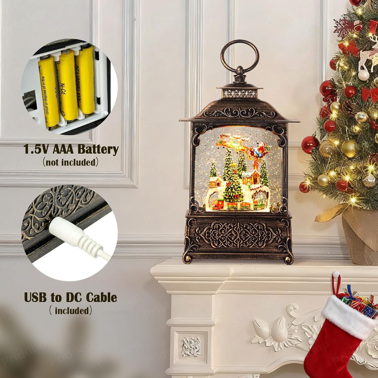 Village Snow Globe Christmas Decorations Indoor Santa Claus Reindeer Church Cabin Snow Village Scene Gifts Classic Relief Texture Musical Glitter Snowfall USB/Battery Timer Lantern 10.4 inch - Image 3