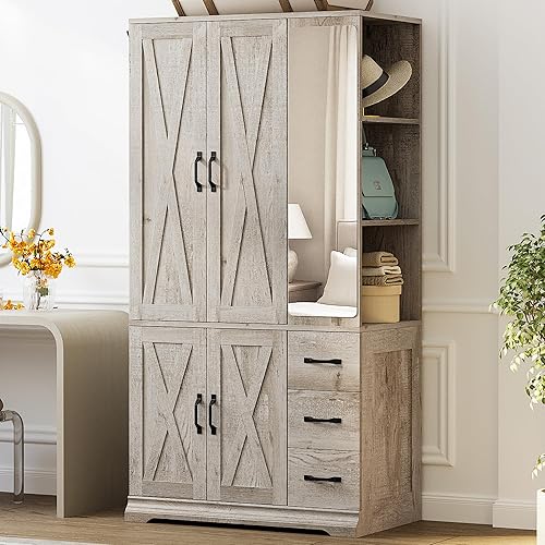 ANCTOR Armoire Wardrobe Closet with Mirror, 70.9" H × 36.2" W, Bedroom Armoires with 4 Doors, 3 Drawers and Shelves, Large Clothing Storage Cabinet for Hanging Clothes, Rustic Maple