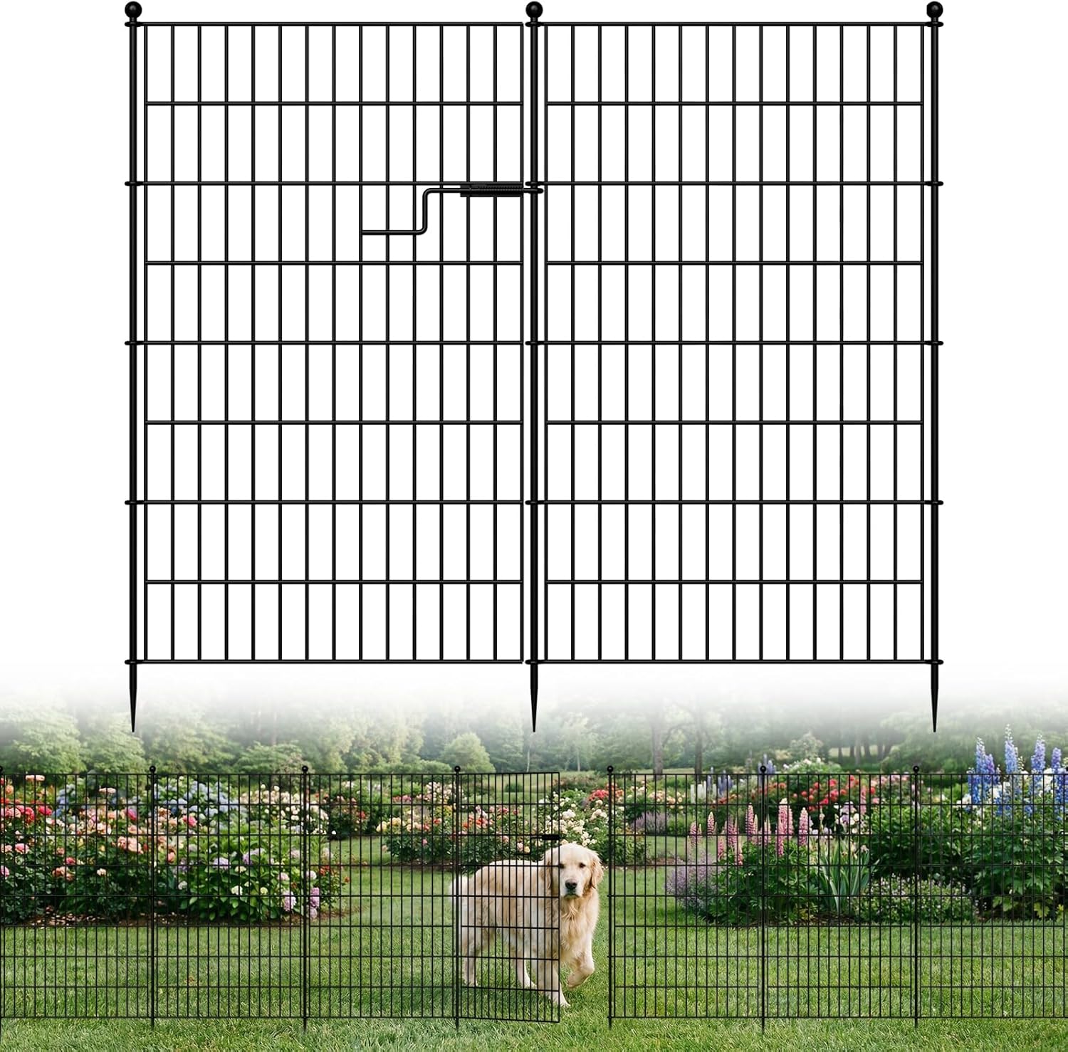 7 Panels Metal Garden Fence with Gate, 40in H X 15ft L No Dig Animal Barrier Dog Pet Fence Outdoor for Yard, Temporary Fencing for Outside Garden Border