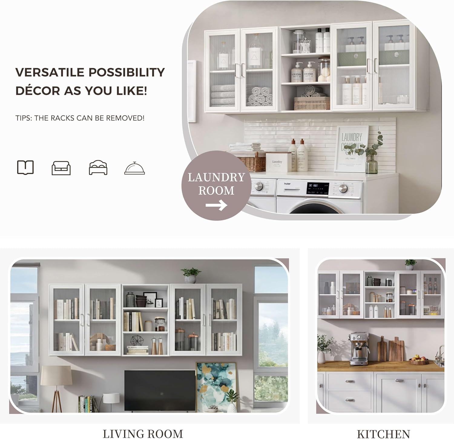 FIMELLO 63’’ Laundry Room Cabinets Shelves Set, Acrylic Door, Adjustable Shelf, Kitchen Floating Wall Cabinets, Hanging Wall Cabinets for Laundry Room, White