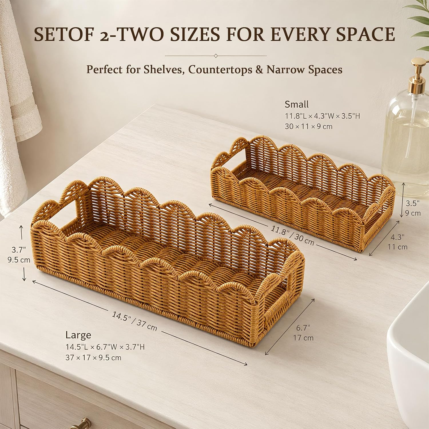 2-Piece Rattan Shelf Storage Baskets, Scalloped Edge Organizer