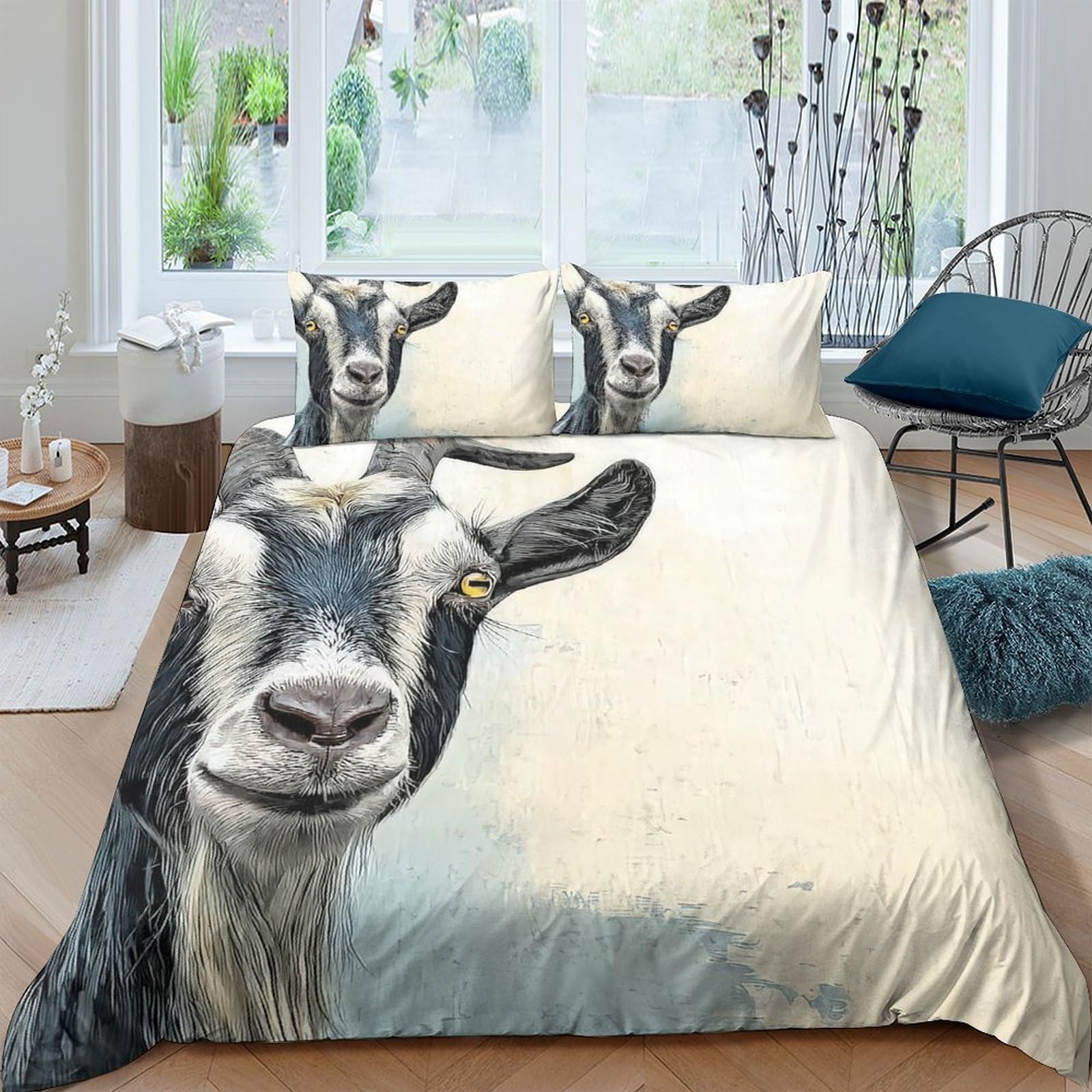 GPLZQXKJNH 3D Printed Goat Face Duvet Cover Microfiber Soft Breathable Farm Animal Bedding Set with 2 Pillowcases for Bedroom Decor Single（135x200cm）