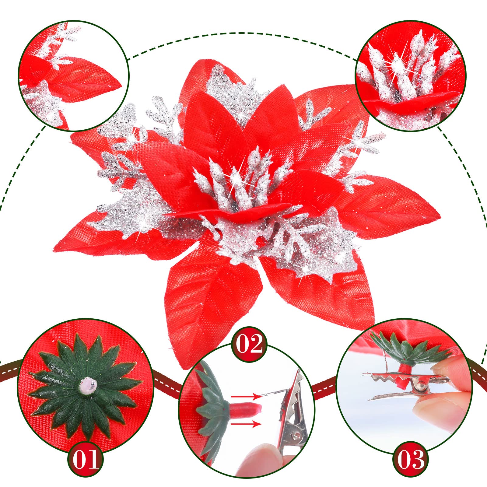 36 Pcs Christmas Glitter Artificial Poinsettia Flowers Xmas Poinsettia Artificial Wedding Flowers Decorations Xmas Tree Ornaments with Clips for Party Favors 6 Inch - Image 2