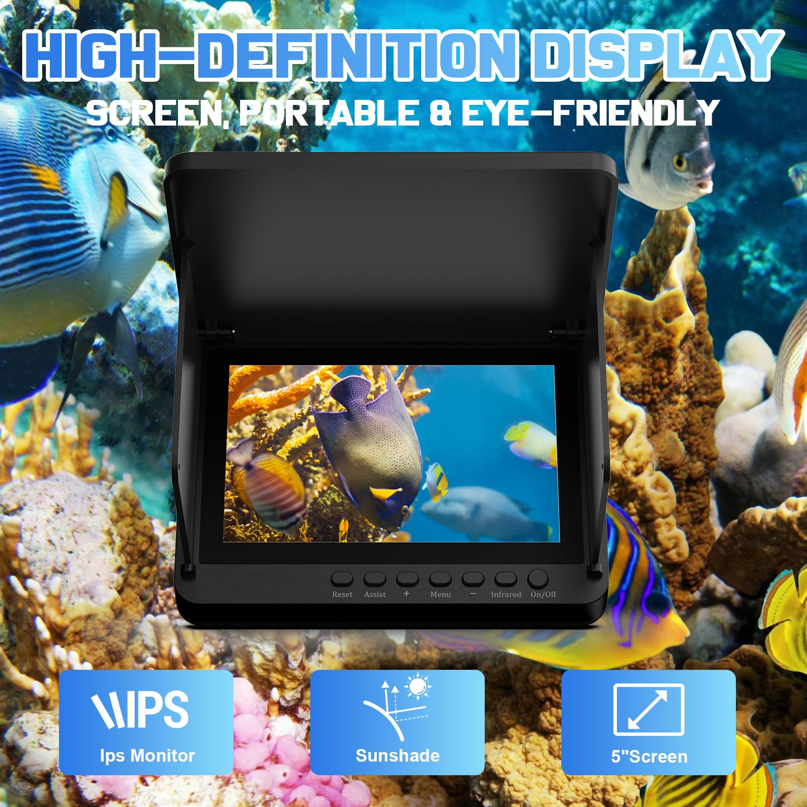 Buscador de peces IPS de 5 pulgadas para barco con 6000 mAh, cámara de pesca subacuática 1080 HD, gran angular de 220°, impermeable IP68, cámara de pesca en hielo de 30 m con 8 LED IR de alto brillo